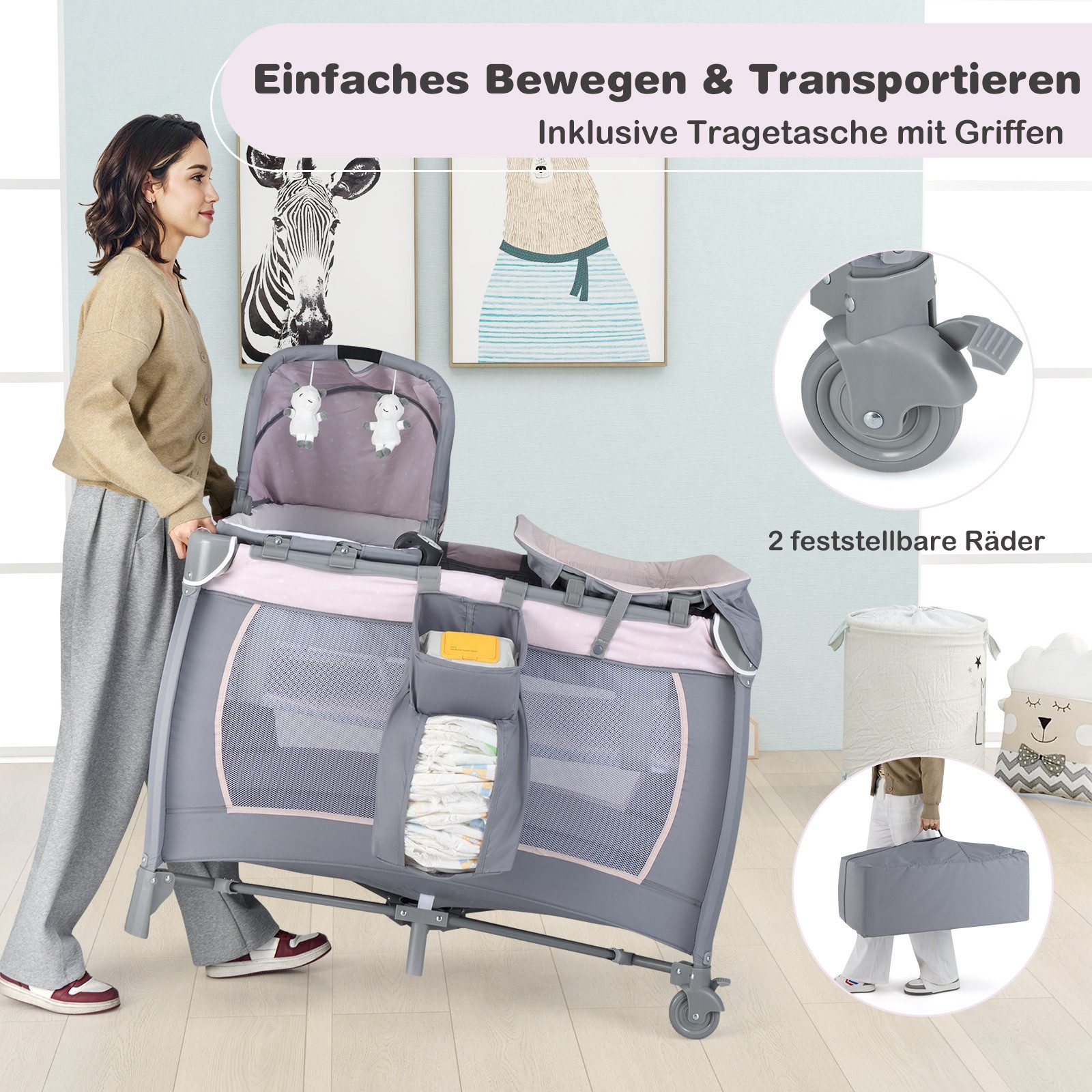COSTWAY Baby-Reisebett, 1-tlg., Laufstall, Babybett mit Babywiege, Wickeltisch, Matratze