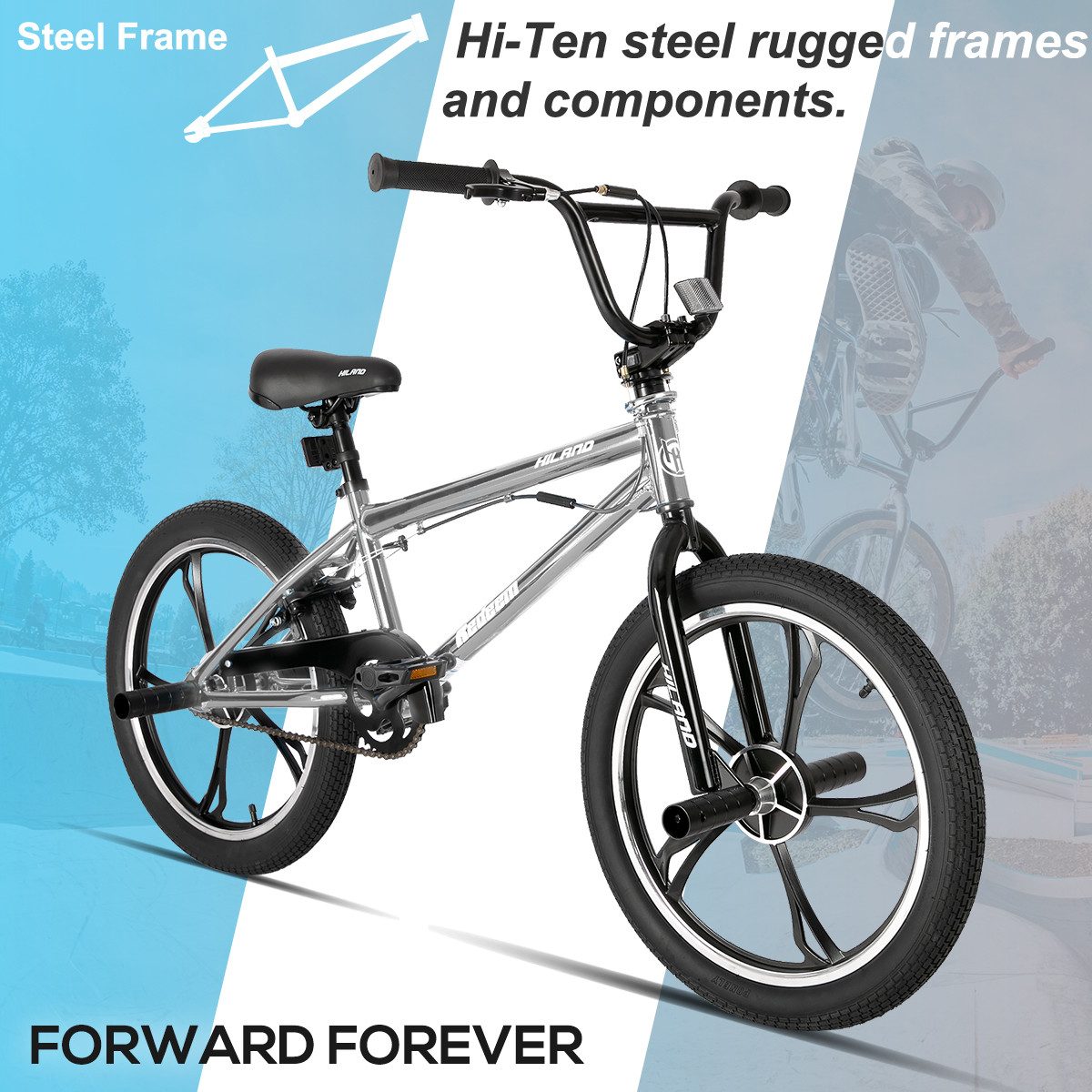 HILAND BMX-Rad 20 Inch 5 Spoke Kids BMX Bike for Boys Girls Ages 5-12, 360 Degree Rotor Freestyle, 4 Pegs Single Speed