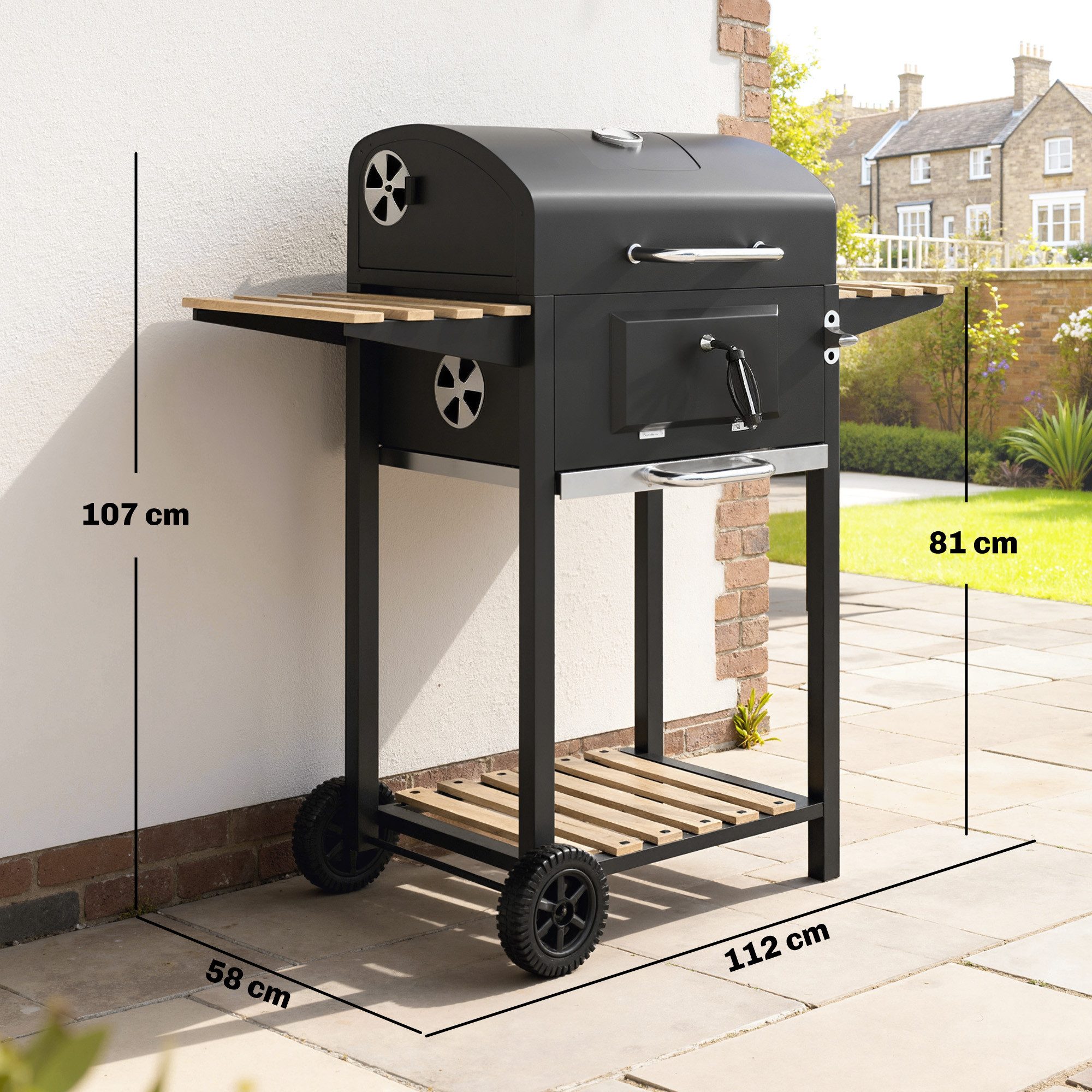 Outsunny Holzkohlegrill mit Thermometer, Grillrost, Räder, Griff, verstellbar Kohlewanne, fahrbar Grillwagen mit Deckel, Kohlegrillwagen aus Edelstahl, mit Holzablage, für Camping, Garten, 112 x 58 x 107cm