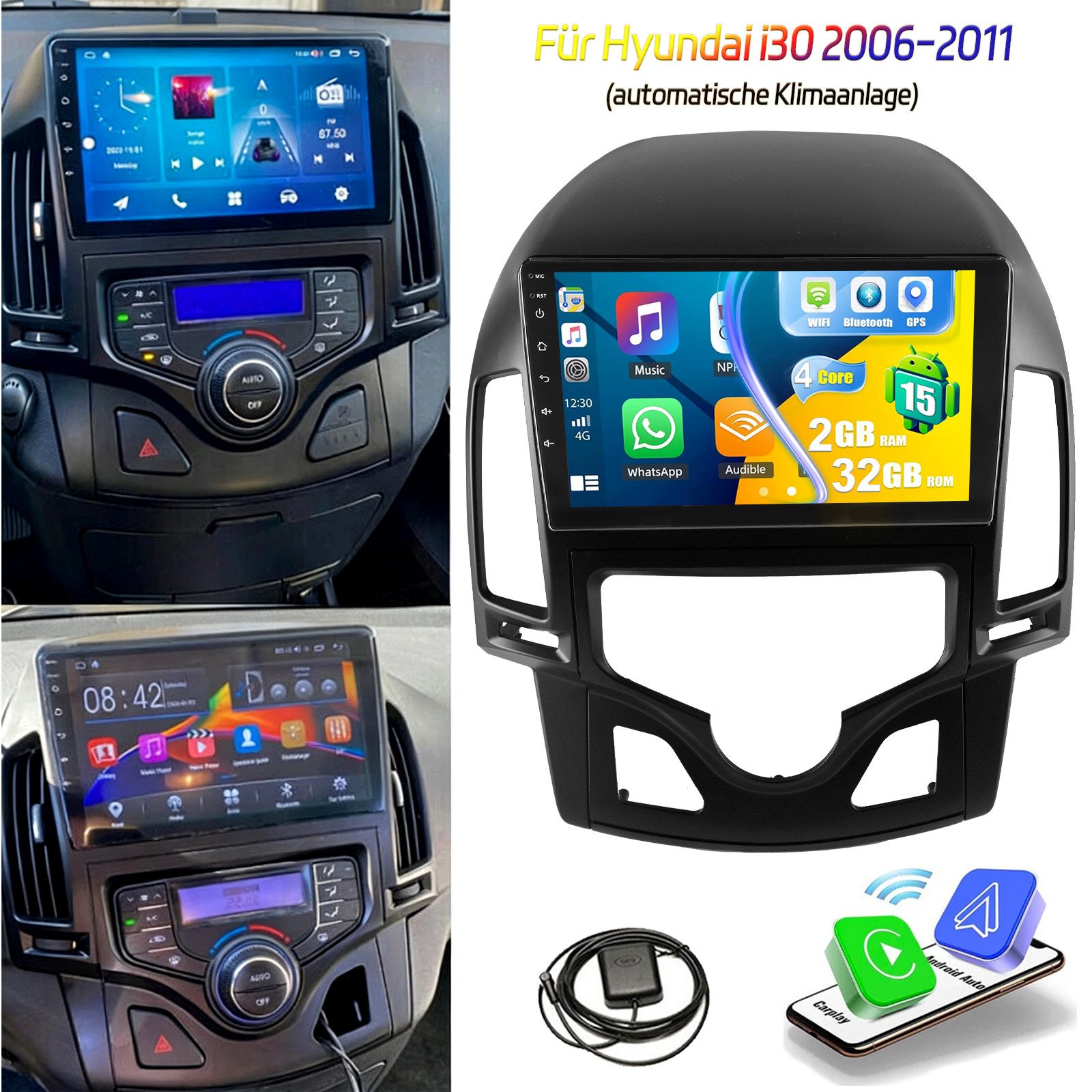 ESSGOO 9'' DAB+ Für Hyundai i30 MK1 FD 2006-11 Android 15 Carplay GPS Navi BT Autoradio (RDS, 2+64GB(optional), FM, AM, DAB+ (optional), Wireless Apple Carplay & Android Auto,2 DIN,WiFi)