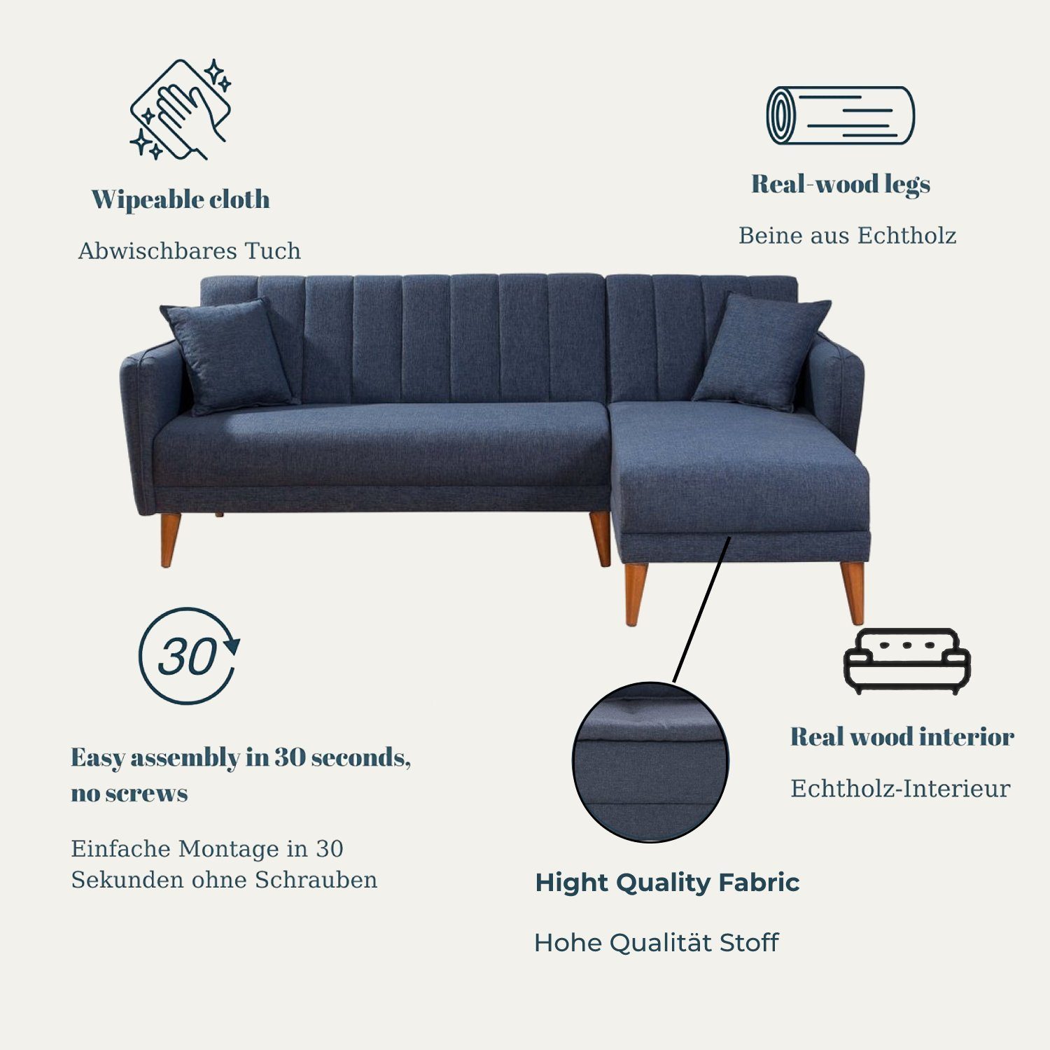 Gozos Couch, 85 x Blau Gozos 225 cm, Relaxfunktion Ecksofa, Mammo Bettfunktion Ecksofa Sitzgruppe mit 150 x Navy
