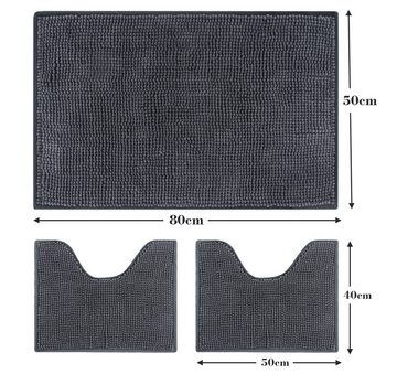 Badematte 3tlg Chenille Matten Weicher Rutschfester Absorbierender Teppich Grau Homewit, Rutschfeste Unterseite, Schnell trocknend, Rutschfest, 50x80 cm * 1, 40x50 cm * 2 für Küche Badezimmer Schlafzimmer