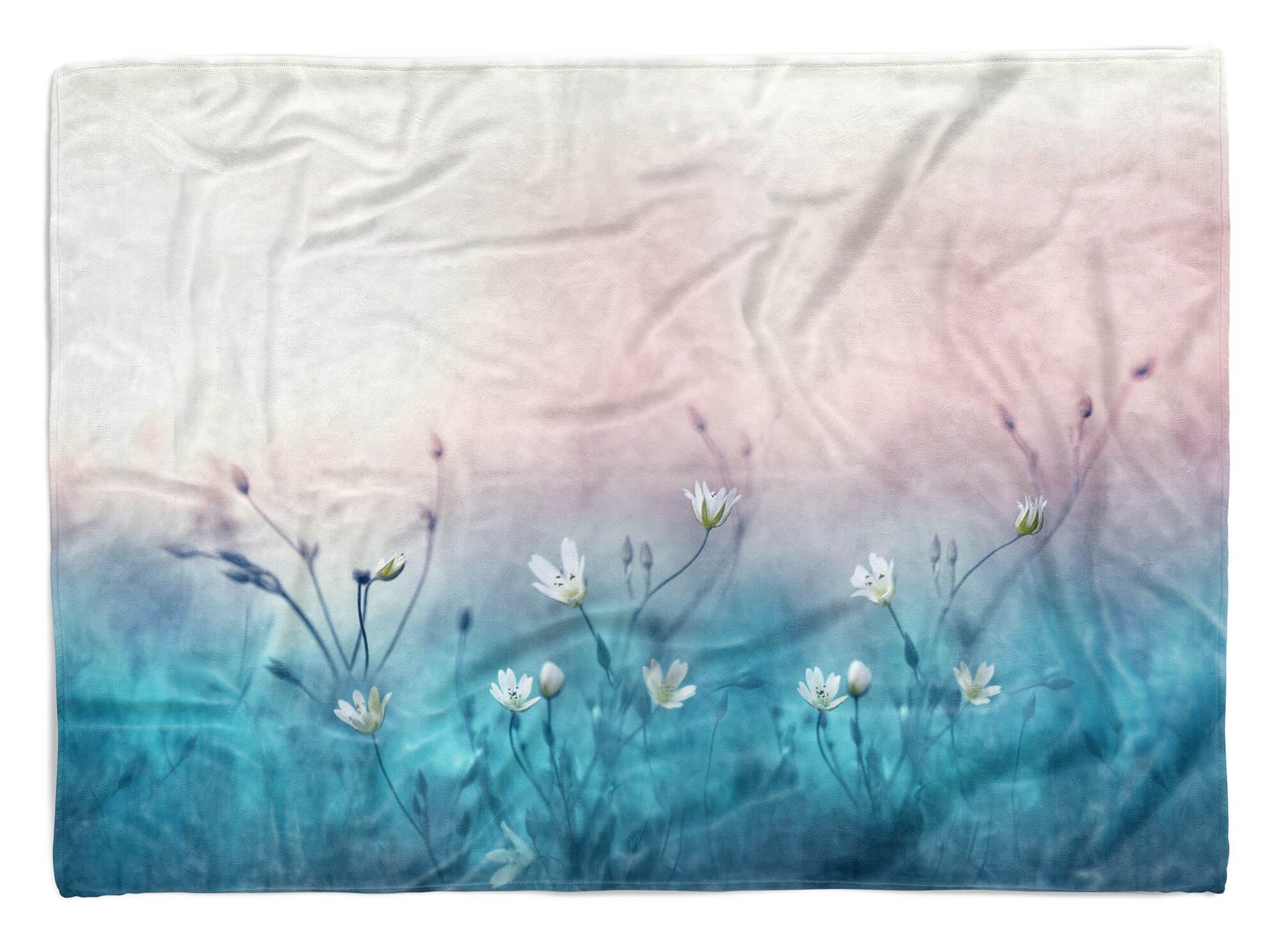 Sinus Art Handtücher Handtuch Strandhandtuch Saunatuch Kuscheldecke mit Fotomotiv weiße Blumen Blau, Baumwolle-Polyester-Mix (1-St), Handtuch