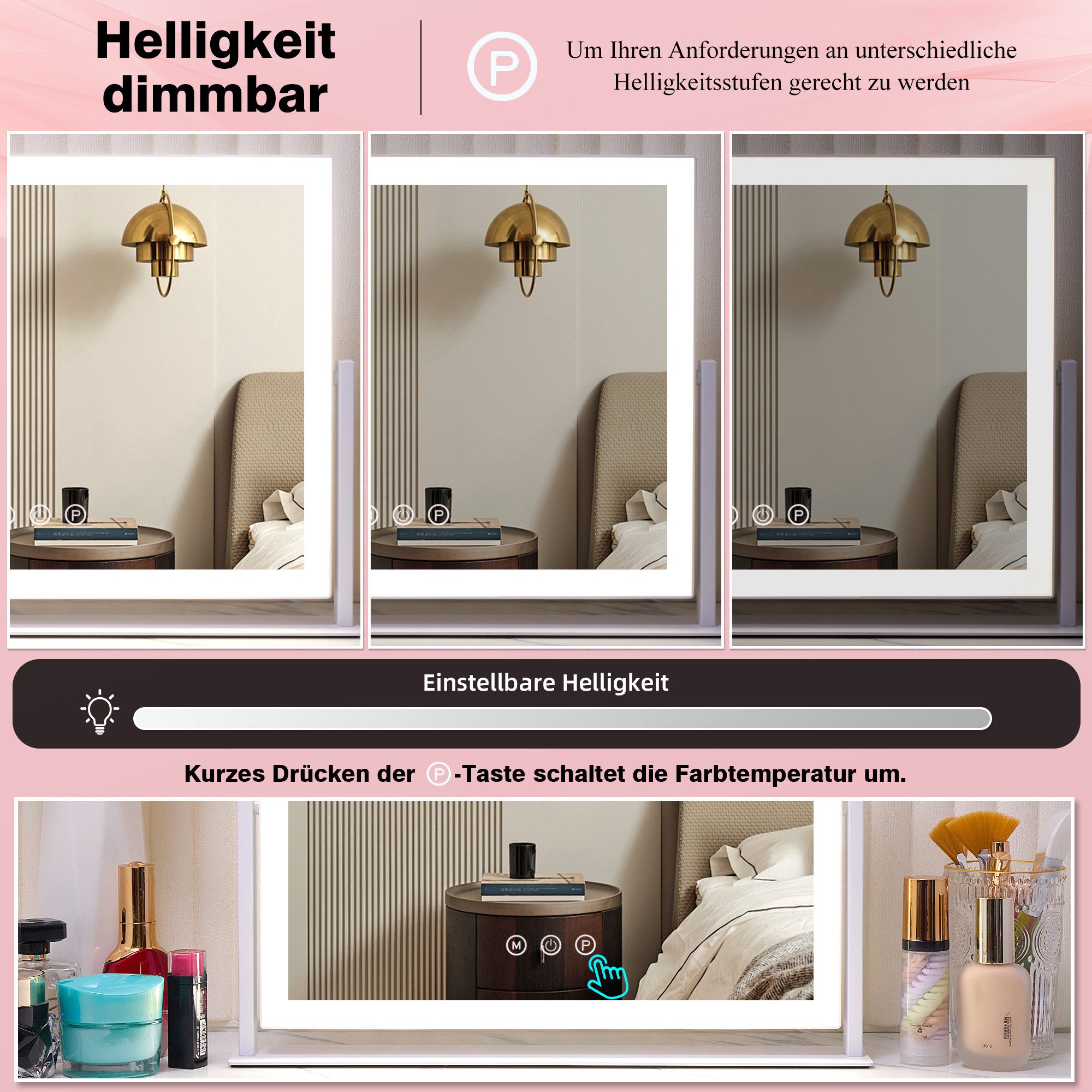 GIMBELEN Schminkspiegel mit Beleuchtung 42x31 cm Schminkspiegel (1-St), 3 Farbtemperaturen, Dimmer, 360° Drehung, Touch, USB-C, 3X Zoom – Bild 4 von 5