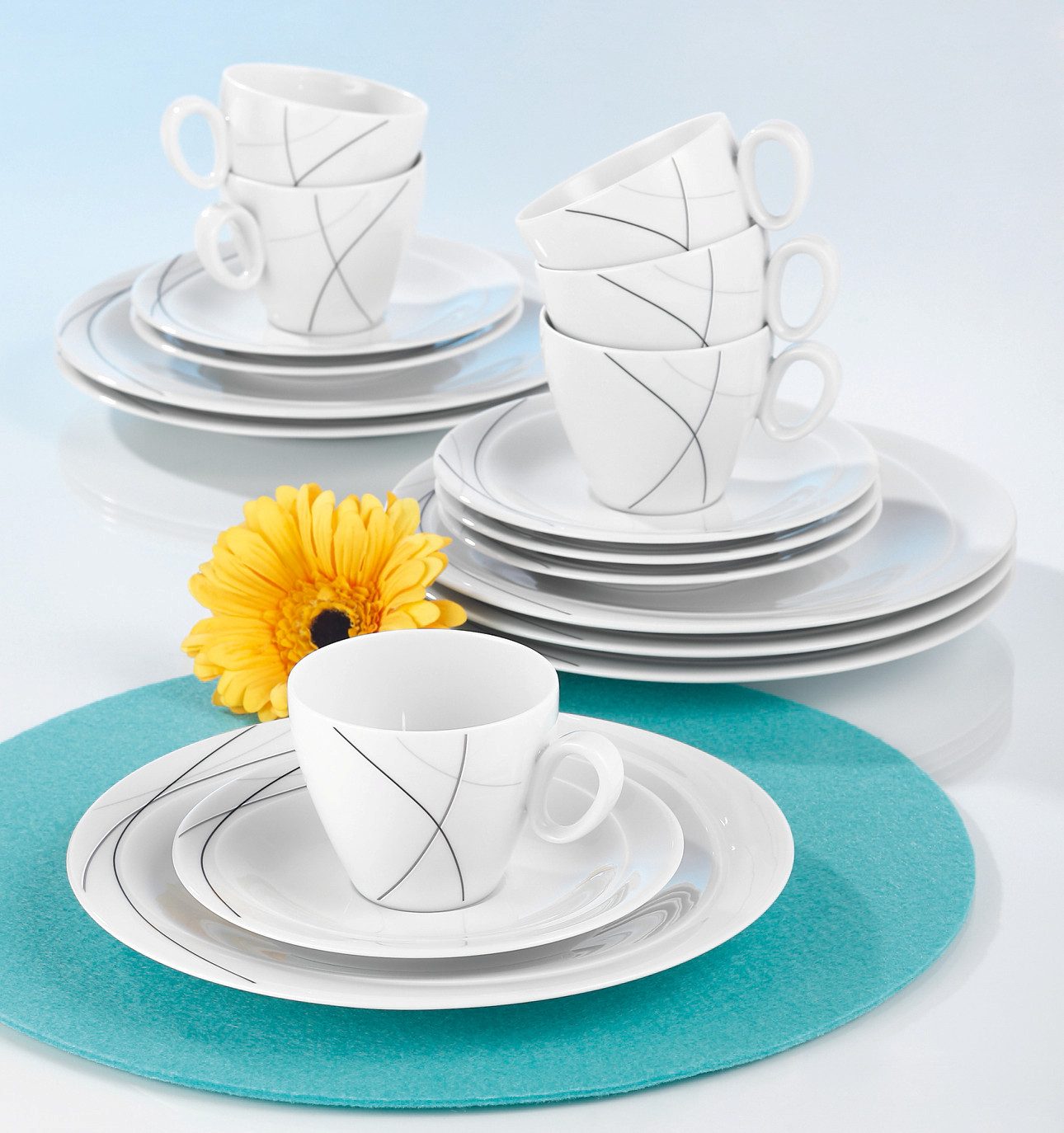Seltmann Weiden Kaffeeservice Geschirr-Set, Service Trio Highline (18-tlg), 6 Personen, Porzellan, Teller, Tassen, Untertassen, Made in Germany, 18 Teile, für 6 Personen