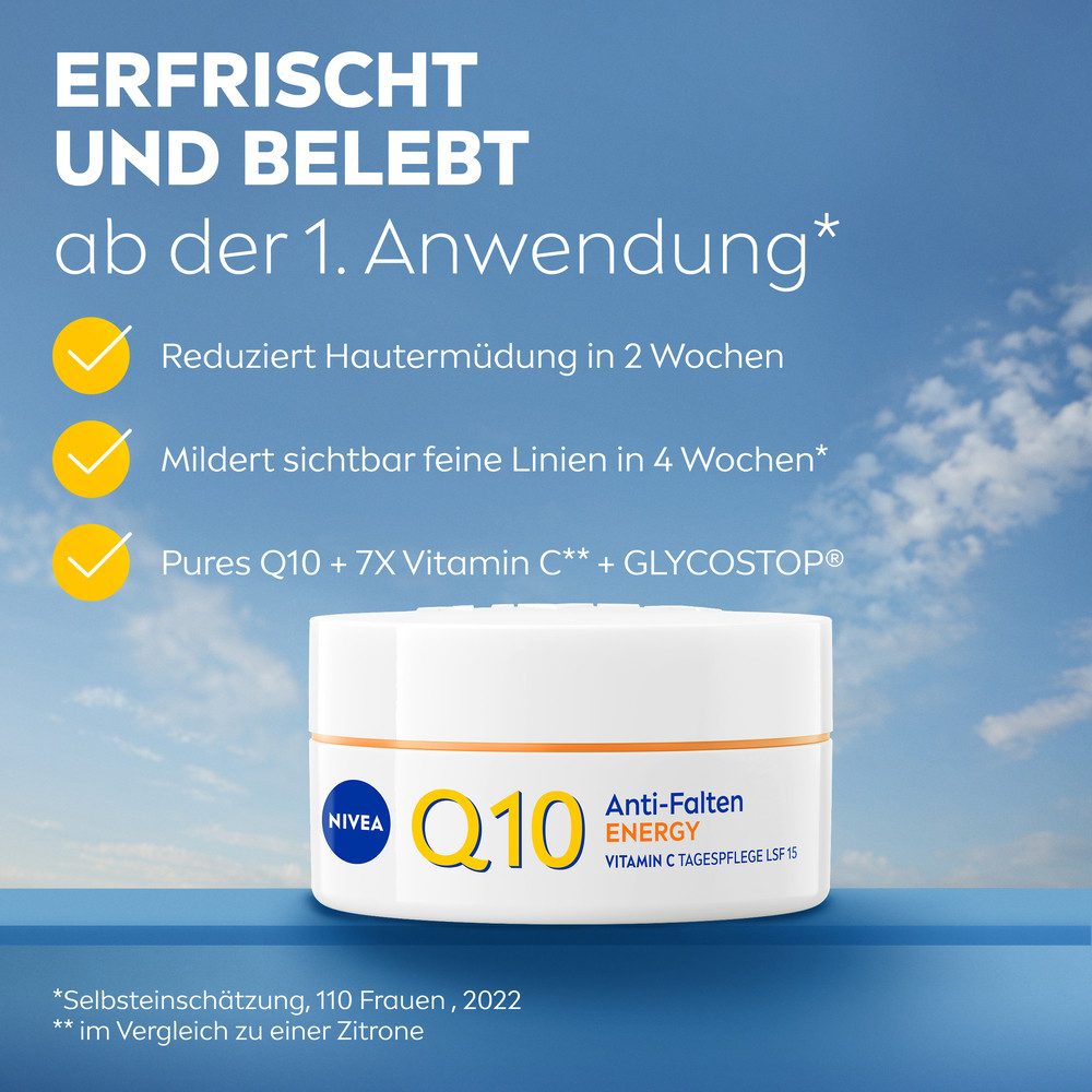 Nivea Tagescreme Q10 ANTI-FALTEN ENERGY VITAMIN C TAGEPFLEGE LSF 15, mit Q10, Creme-Textur, 24 Stunden Feuchtigkeit, LSF 15