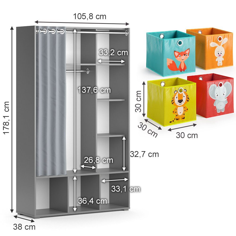 mit Vicco Grau | Grau Kinderkleiderschrank Luigi Grau Faltboxen Kleiderschrank