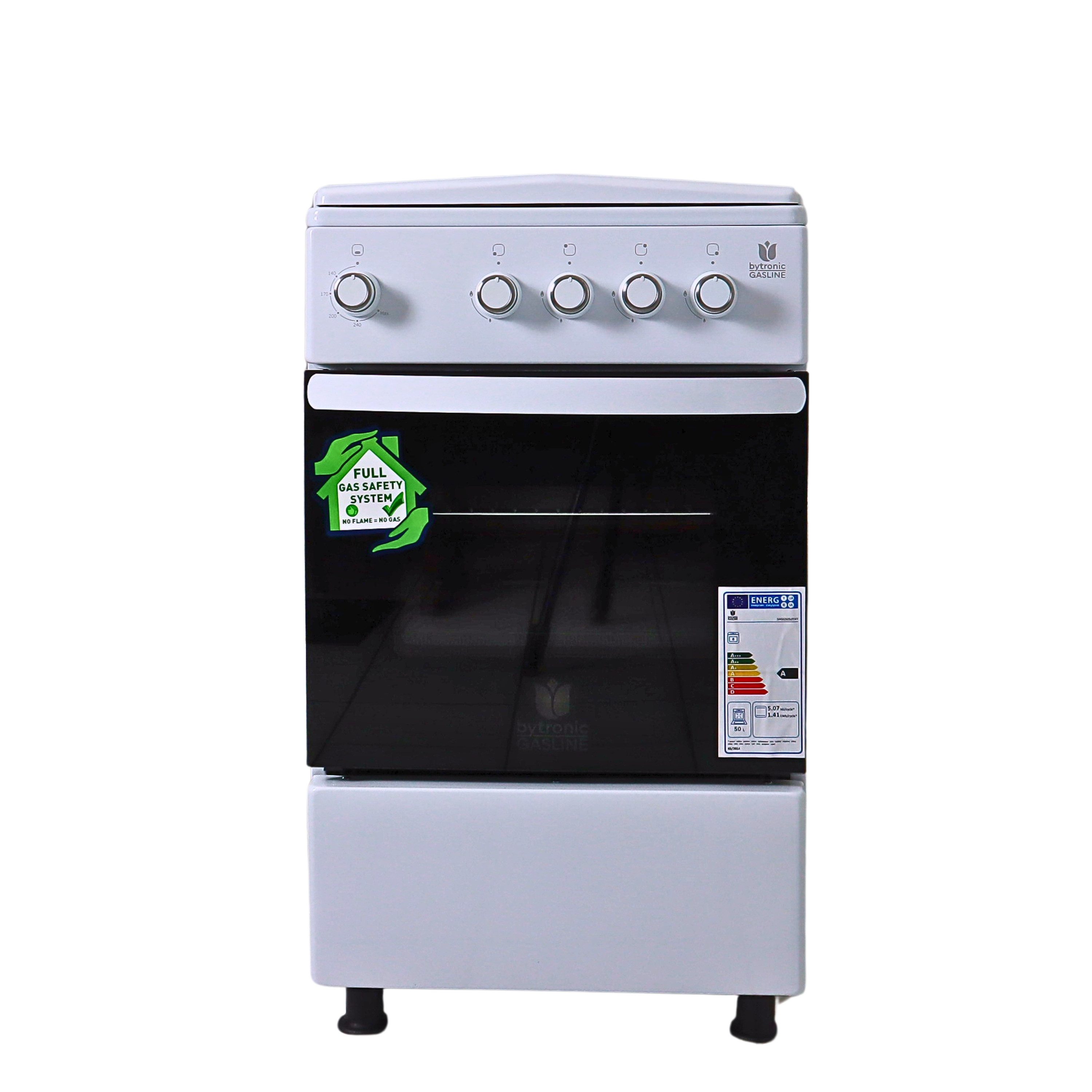 Gasline Gas-Standherd Camping-Herd SHGG5050THT, mit Gasbackofen mit Thermostat, abnehmbare Topfträger,Weiß, Zündsicherung, Erdgas/Propangas, 20mbar/50 mbar