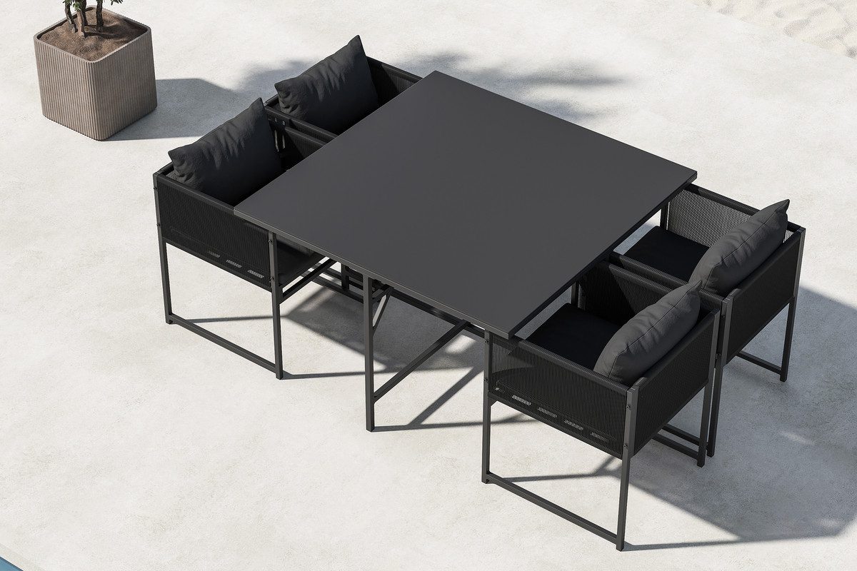 Nordanest Garten-Essgruppe NOTO, (Set, 5-tlg., 1 Tisch, 4 Stühle, 4 Auflagen, 4 Kissen, Stahl, Glassplatte), bestehend aus 4 Stühlen und 1 Tisch mit Glassplatte