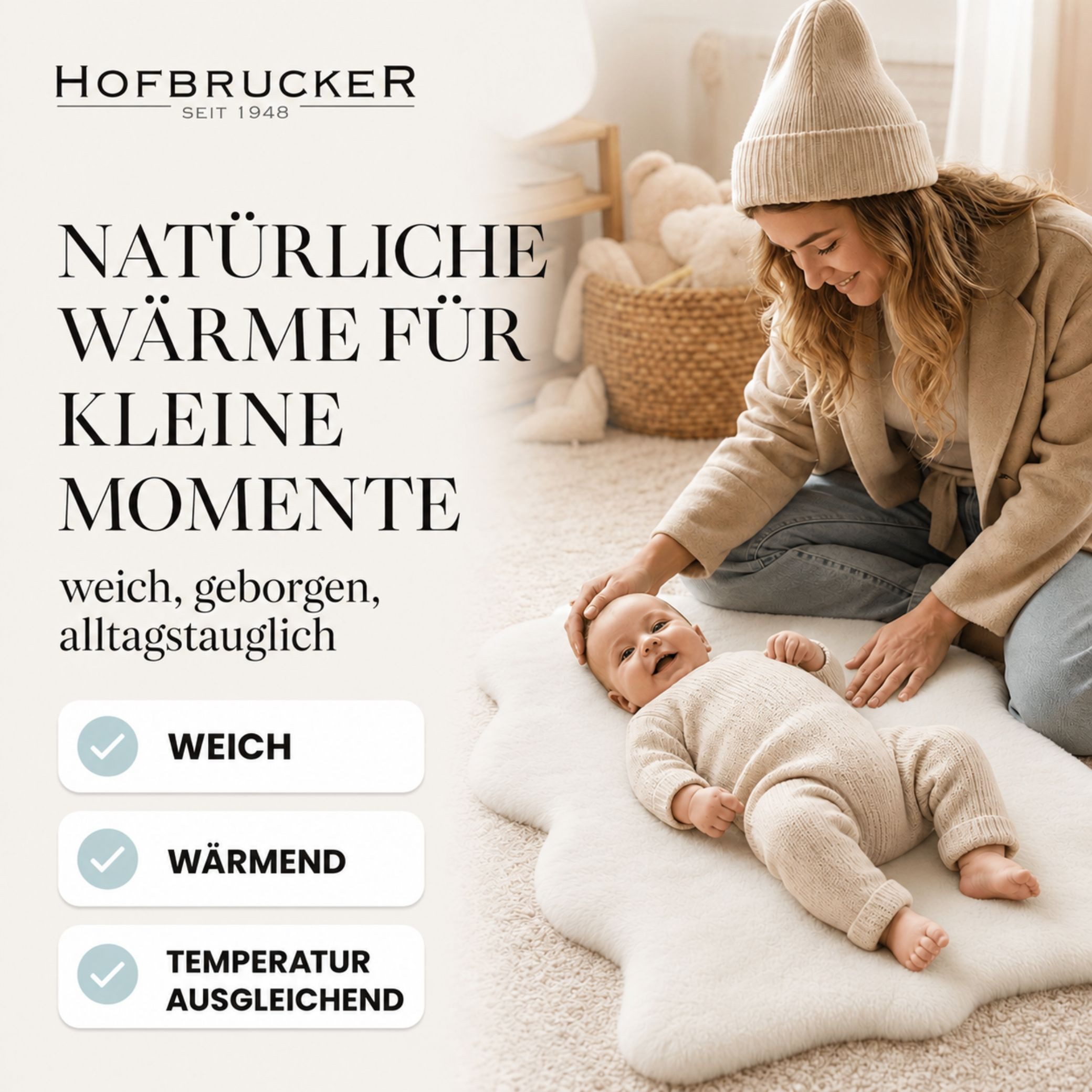 Babylammfell Baby Lammfell Exclusiv weiß, Hofbrucker seit 1948, Krabbelmatte Babyteppich aus 100% Lammfell pflanzlich gegerbt 90 cm – Bild 2 von 5