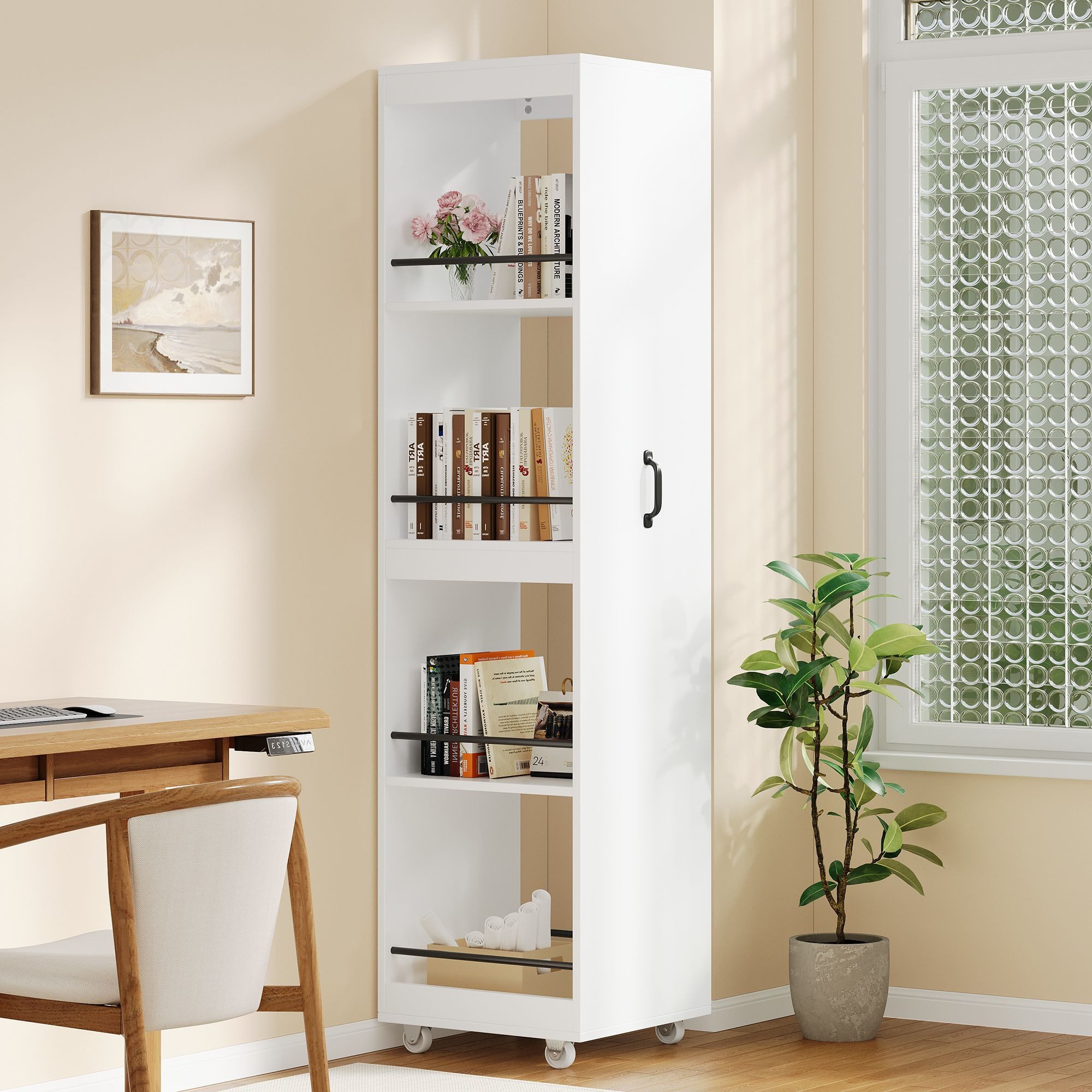 Merax Bücherregal Schmales Vitrine mit Rollen, mobiles Hochregal, 1-tlg., für Wohnzimmer, Büro, Küche und Badezimmer