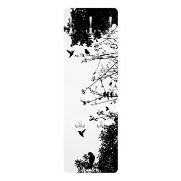 Bilderdepot24 Garderobenpaneel weiss Tiere Unifarben Retro Vintage Vintage Tree with Birds Design (ausgefallenes Flur Wandpaneel mit Garderobenhaken Kleiderhaken hängend), moderne Wandgarderobe - Flurgarderobe im schmalen Hakenpaneel Design