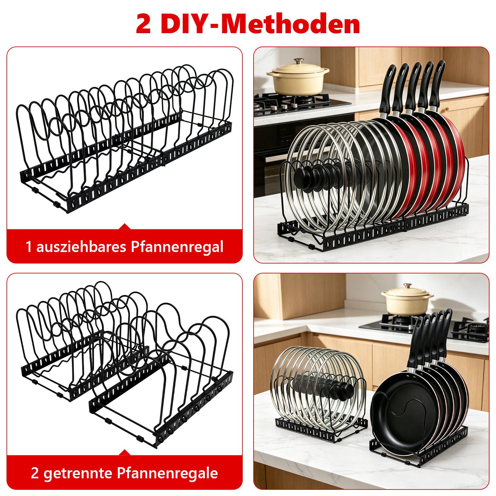 SunJas Geschirrständer 1/2er set Topfdeckelhalter deckelhalter mit 15 Verstellbaren Fächern, Zubehör für Erweiterbarer Topfdeckel Pfannenhalter Aufbewahrung , mit rutschfesten Standfüßen