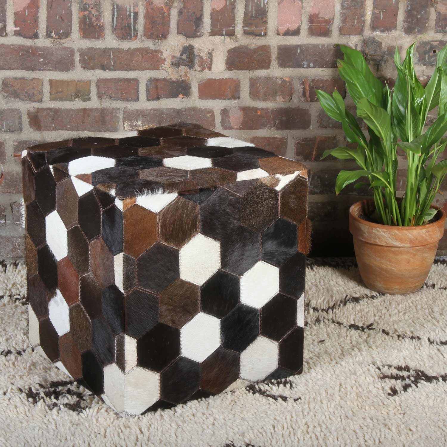 Casa Moro Hocker Patchwork Leder Pouf Vanita 45x45x48 cm (B/T/H) aus Ziegenfell & Holz (Weihnachtsdeko, Sitzhocker quadratisch Fellhocker Ledersitzkissen), Handmade HH5604