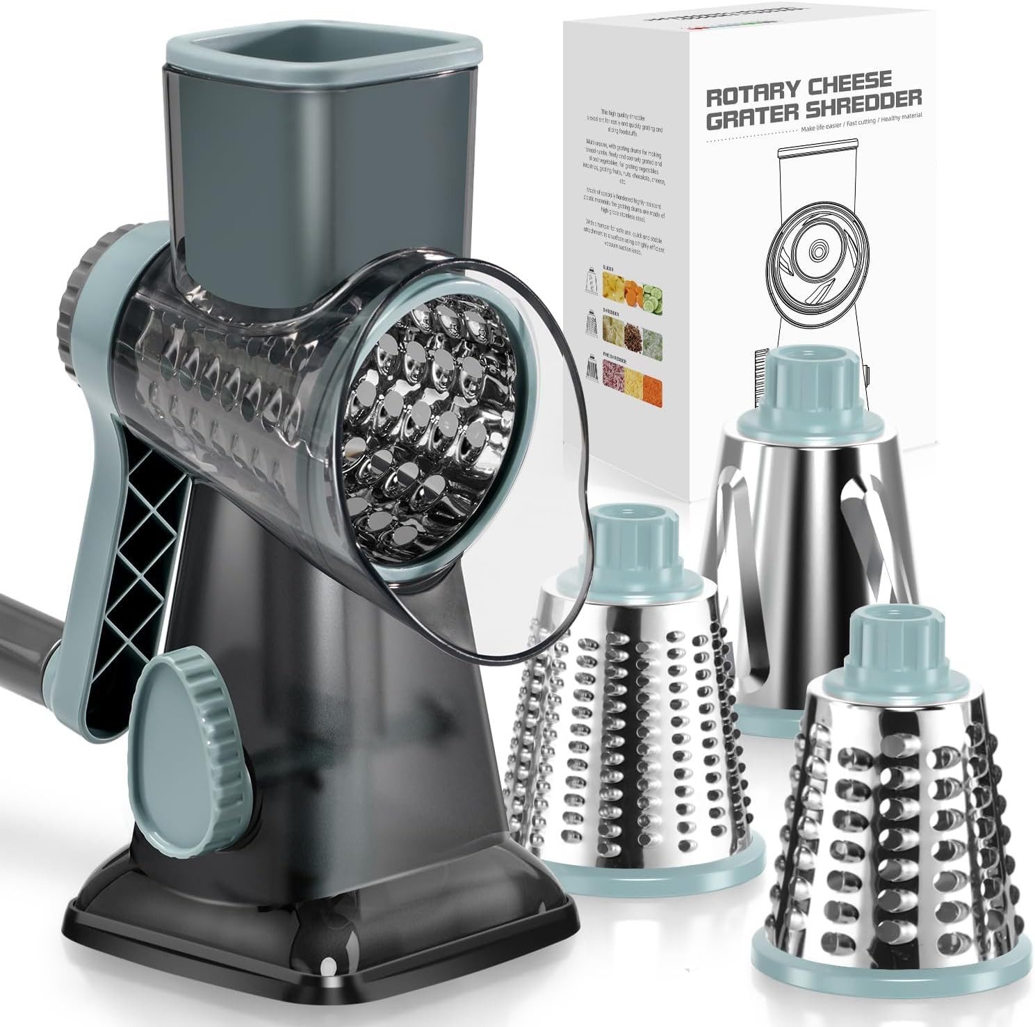 wohnTRAUM24 Gemüsehobel 3-in-1 Rotations-Käsereibe, manueller Gemüsehobel mit starkem Saugfuß, (Zubehör‑Set für Küche, 3‑in‑1 Set mit 3 Aufsätzen), Trommelreibe abnehmbar, spülmaschinengeeignet, BPA‑frei