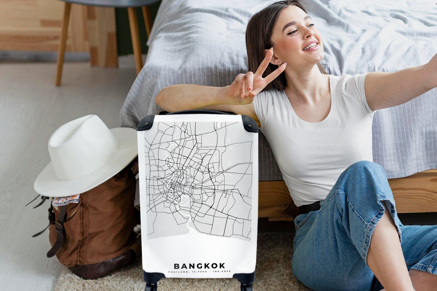 und Reisetasche - Bangkok Reisekoffer mit für MuchoWow Ferien, rollen, Handgepäckkoffer - Karte, Trolley, Stadtplan weiß - Rollen, 4 Schwarz Handgepäck