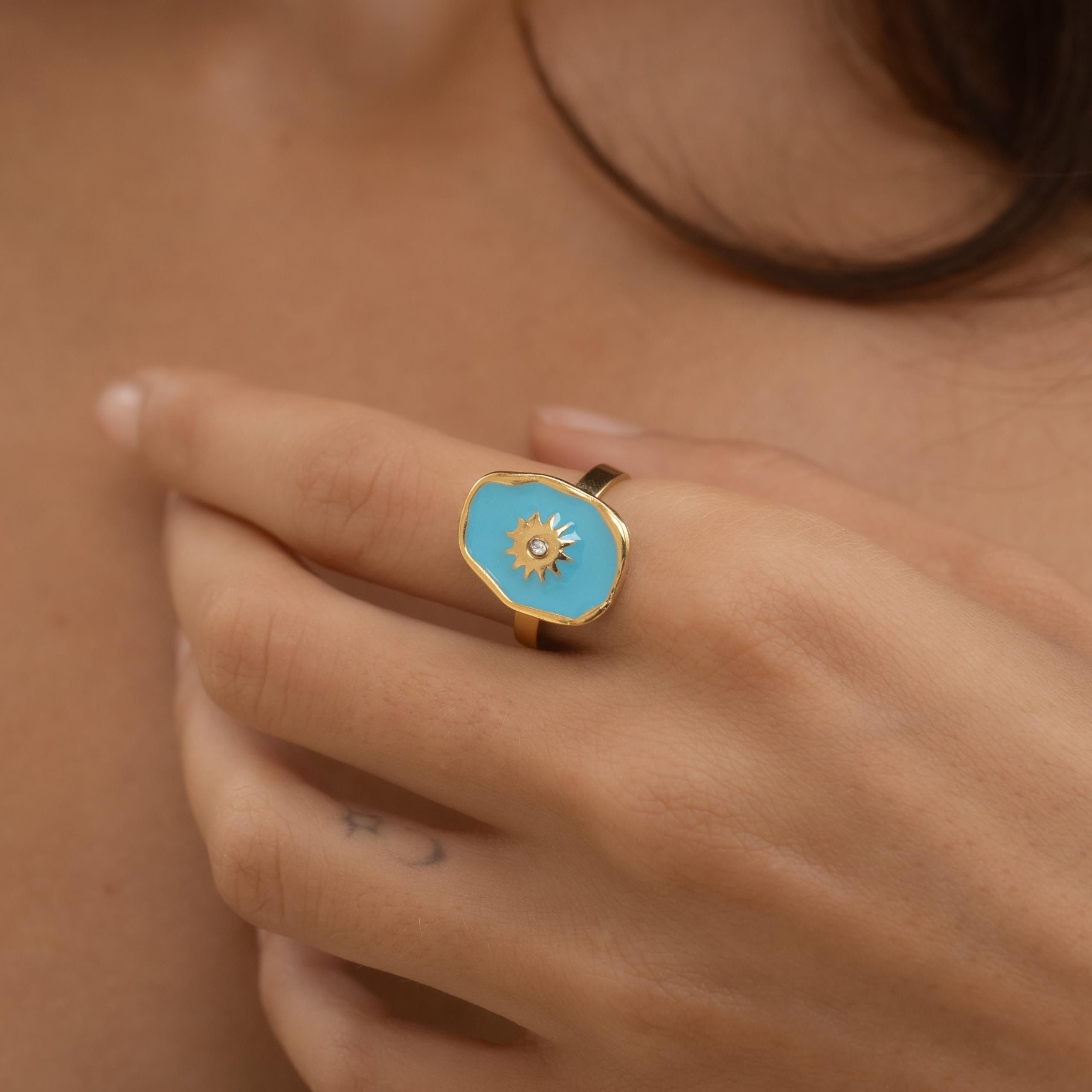 Made by Nami Fingerring Goldener Boho Ring mit türkisem/rosa Edelstein mit günstig online kaufen