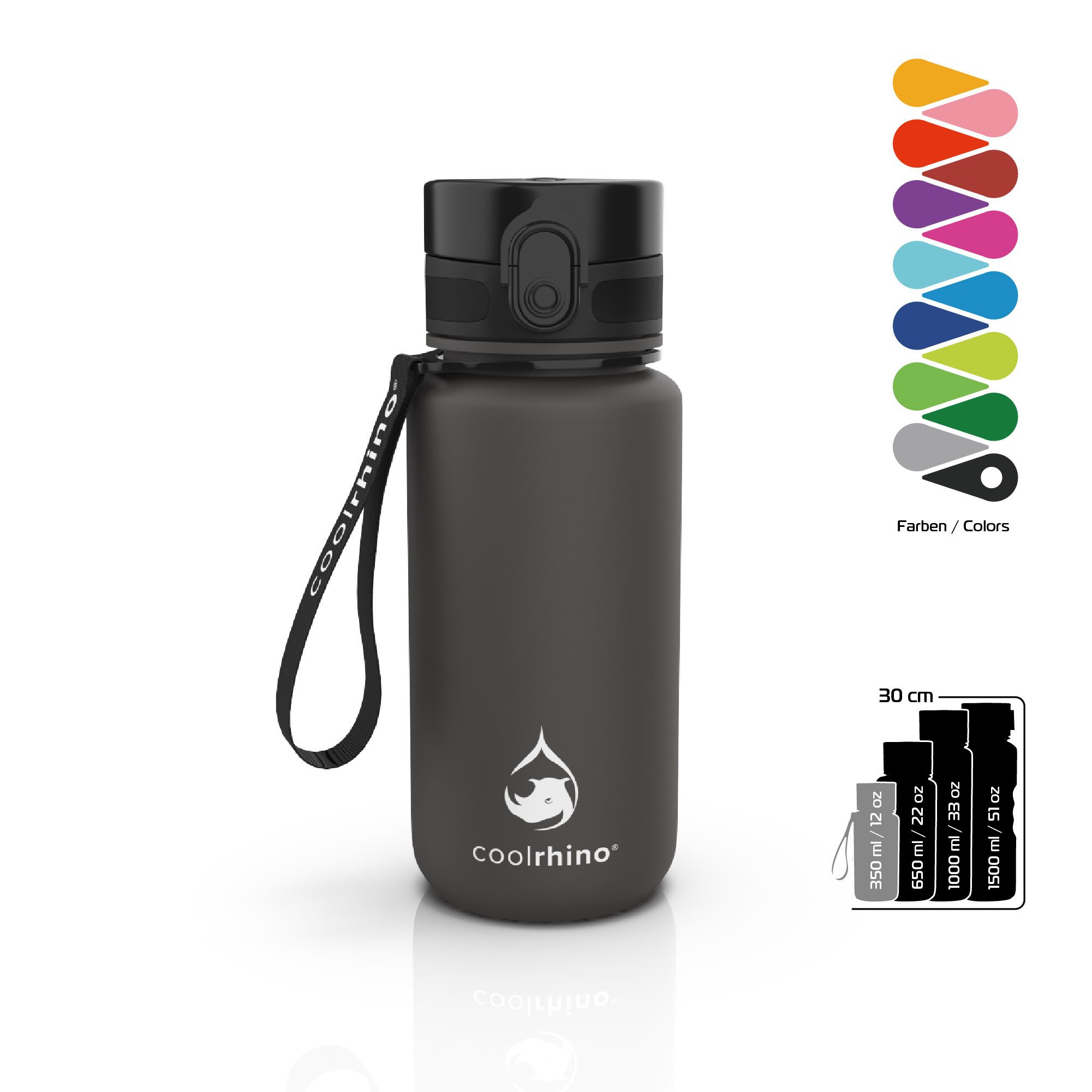 coolrhino Trinkflasche rhinoSport Tritan Sportflasche 350 ml, 650 ml, 1 liter, 1,5 l, Wasserflasche auslaufsicher für Sport, Outdoor, Schule und Fahrrad