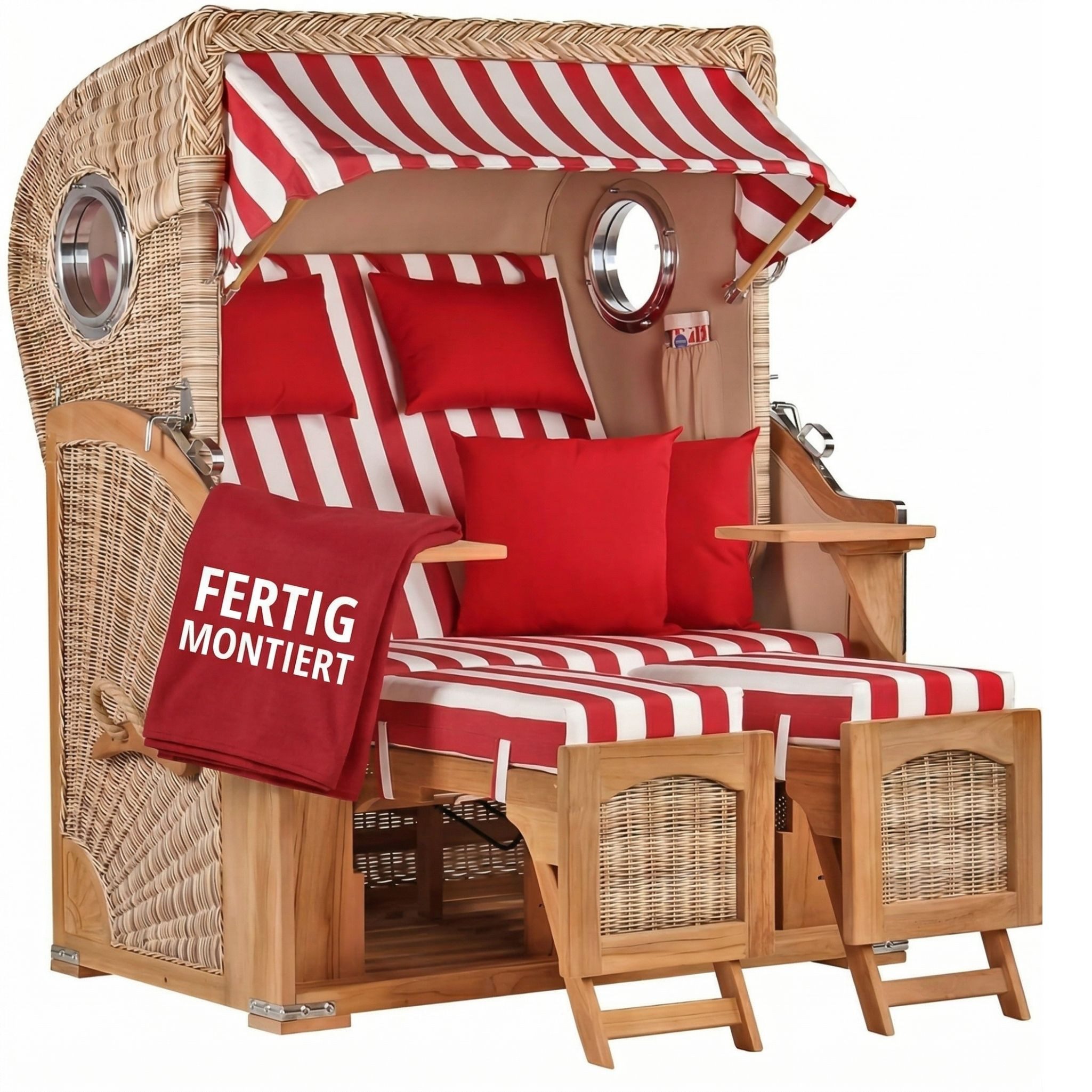 MR.DEKO Strandkorb 2-Sitzer Düne Teak PE Shell Bullauge 125x80x170cm, BxTxH: 125x80x170 cm, Volllieger, Düne, (Fertig montierter Strandkorb für Garten, Terrasse & Balkon), Wetterfester Volllieger mit Edelstahlbeschlägen & waschbaren Polstern