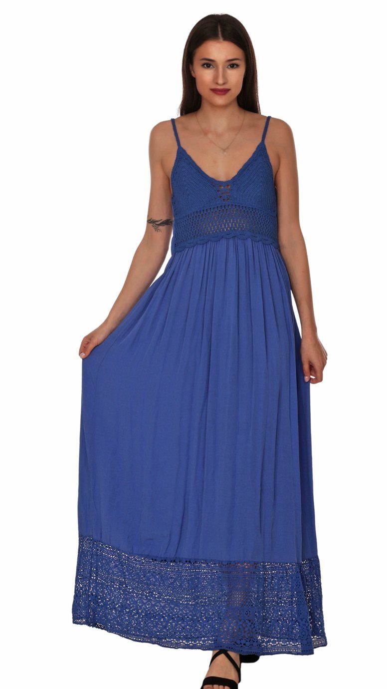 Charis Moda Sommerkleid mit Spaghettiträgerkleid Häkelbordüren Maxi Blau