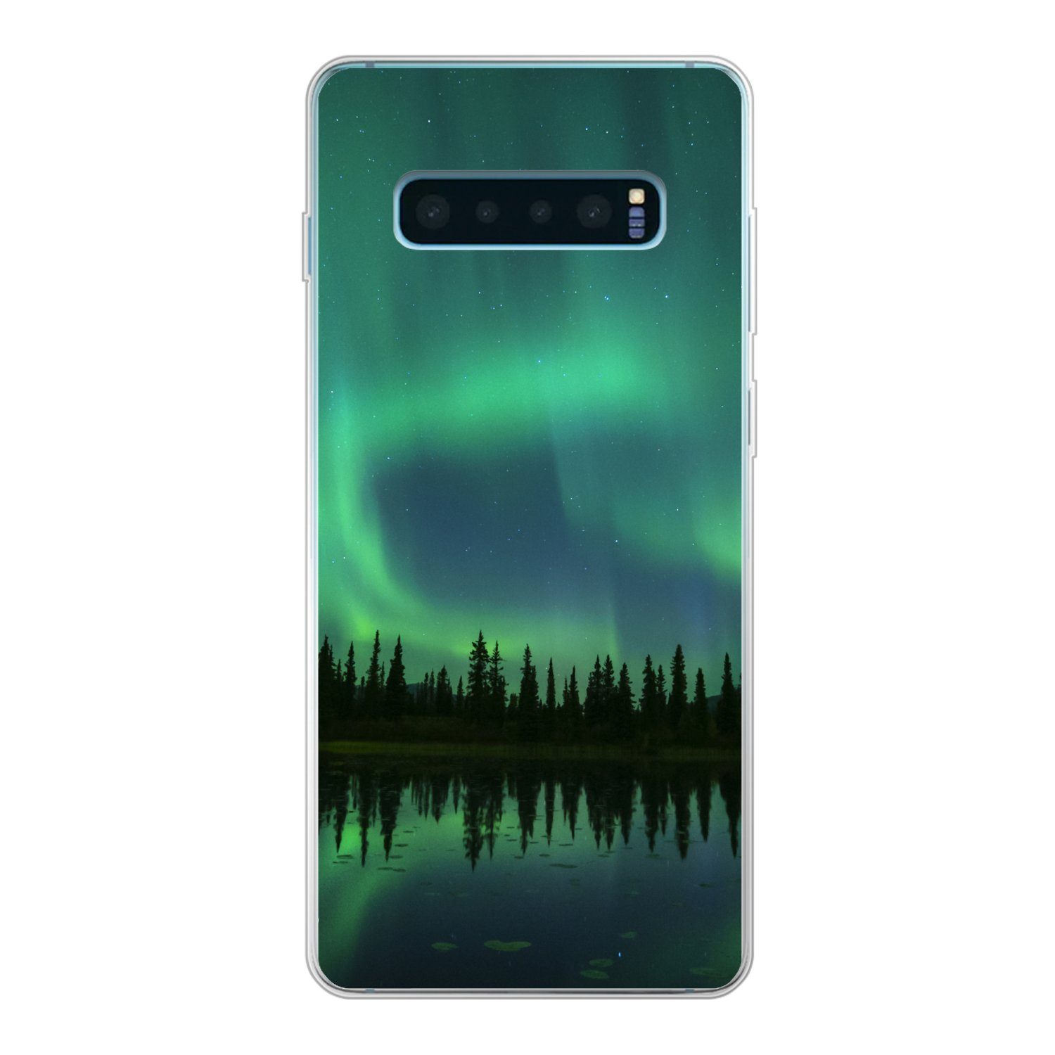 MuchoWow Handyhülle für Samsung Galaxy S10 Plus Nordlicht - Bäume - Wasser - Alaska, Phone Case, Silikon, Schutzhülle Dünn