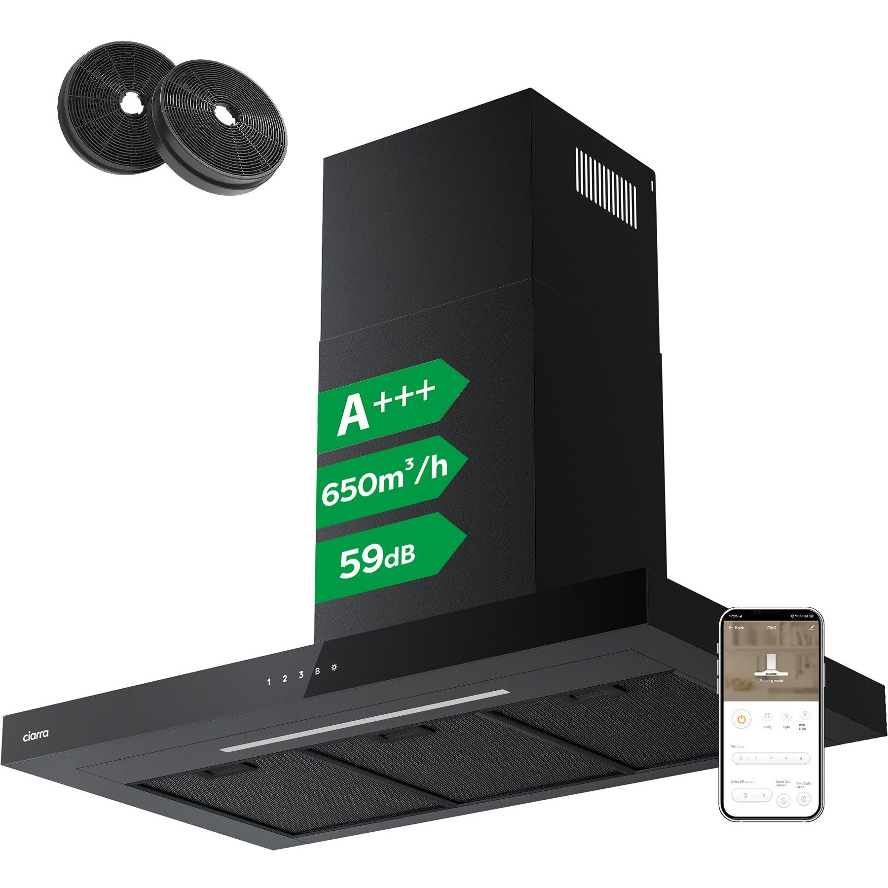 CIARRA Wandhaube 60 cm Dunstabzugshaube A+++ 650 m³/h Umluft & Abluft 4 Stufen CBCB6102 60 cm Dunstabzugshaube A+++ 650 m³/h Umluft & Abluft 4 Stufen CBCB6102, Kaminhaube leise WIFI-APP Touch Control Inkl. BOOST mit 2*Kohlefilter