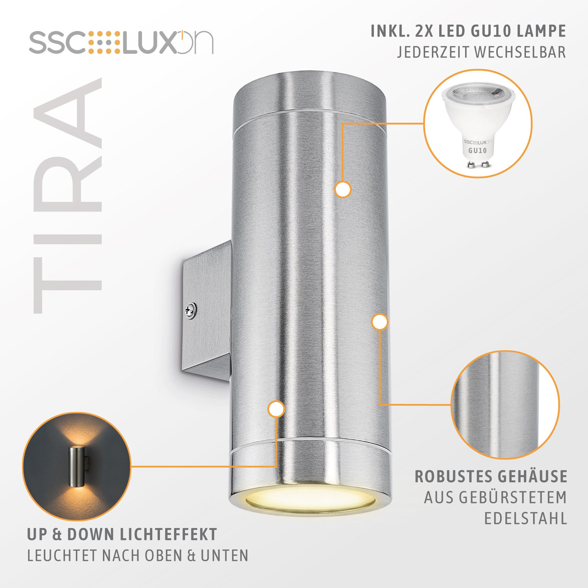 SSC-LUXon LED Außen-Wandleuchte LED Wandaussenleuchte TIRA Edelstahl Up & Down IP44 mit 2x LED GU10, Warmweiß