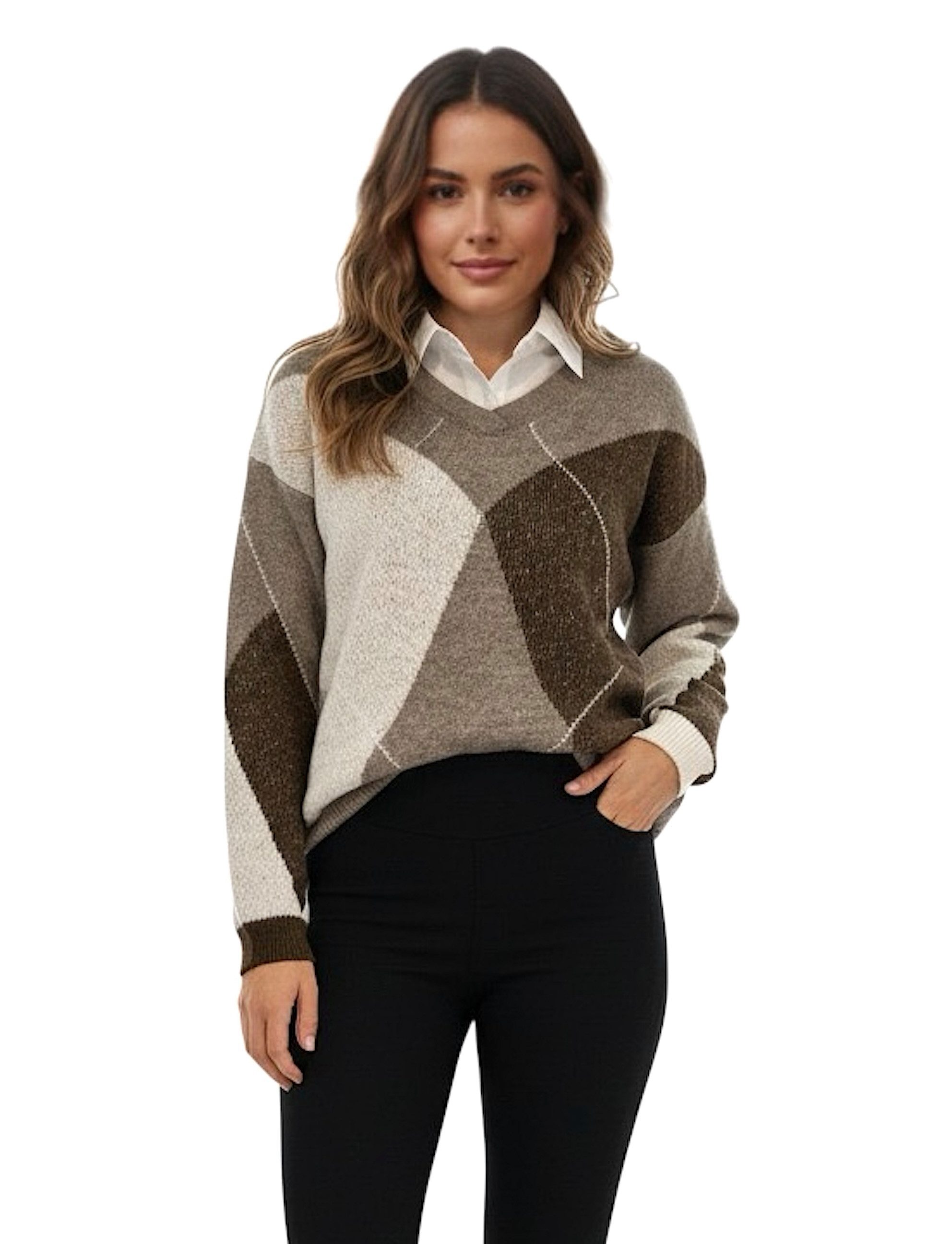 Worldclassca Strickpullover WORLDCLASSCA Strickpullover Kariert Karo mit Bluse Kragen V-Ausschnitt Neue Kollektion - Stilvolle und gemütliche Strickmode für Damen