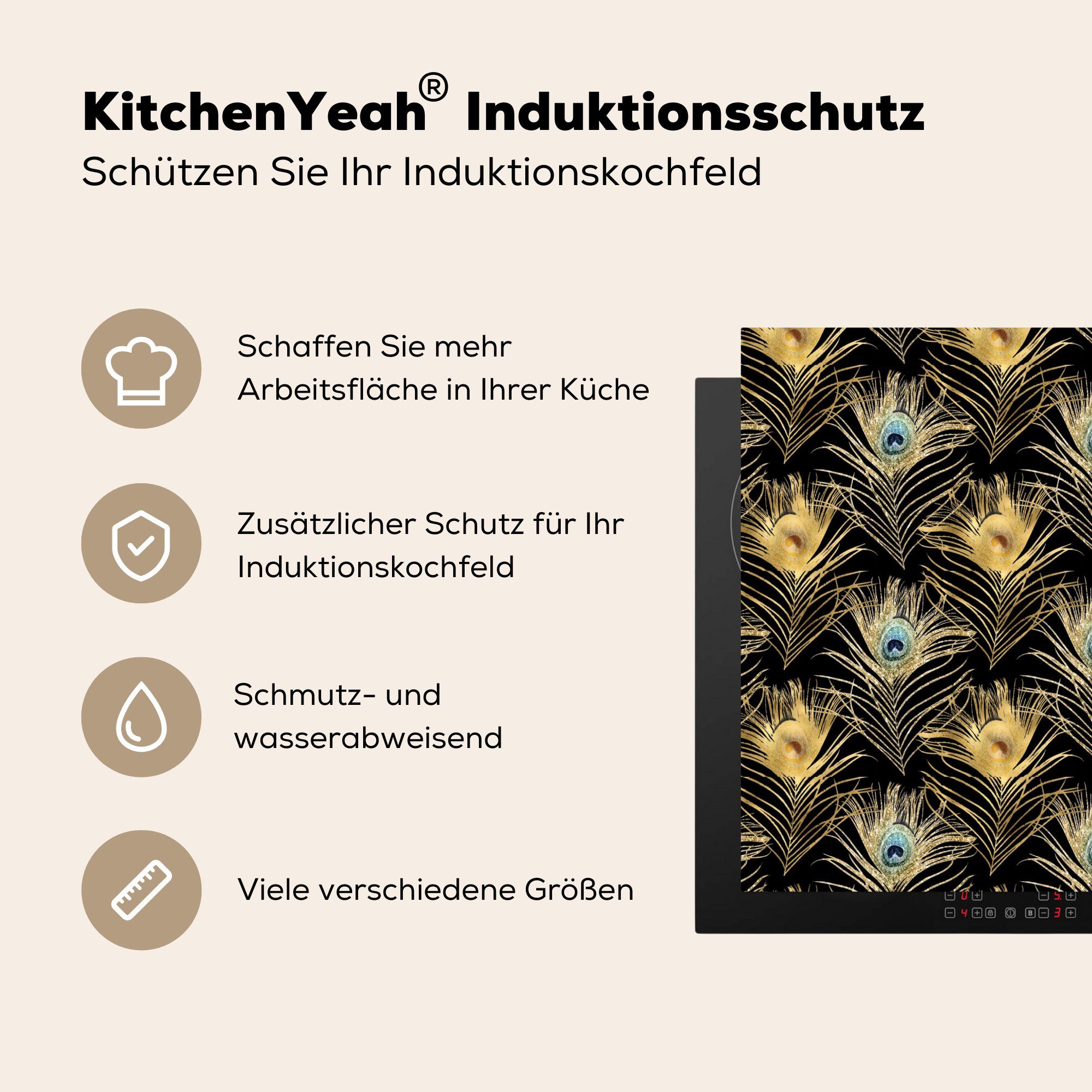 tlg), Vinyl, Herdblende-/Abdeckplatte Arbeitsplatte Ceranfeldabdeckung, Gold, Pfauenfedern Muster für - cm, MuchoWow küche (1 - 78x78