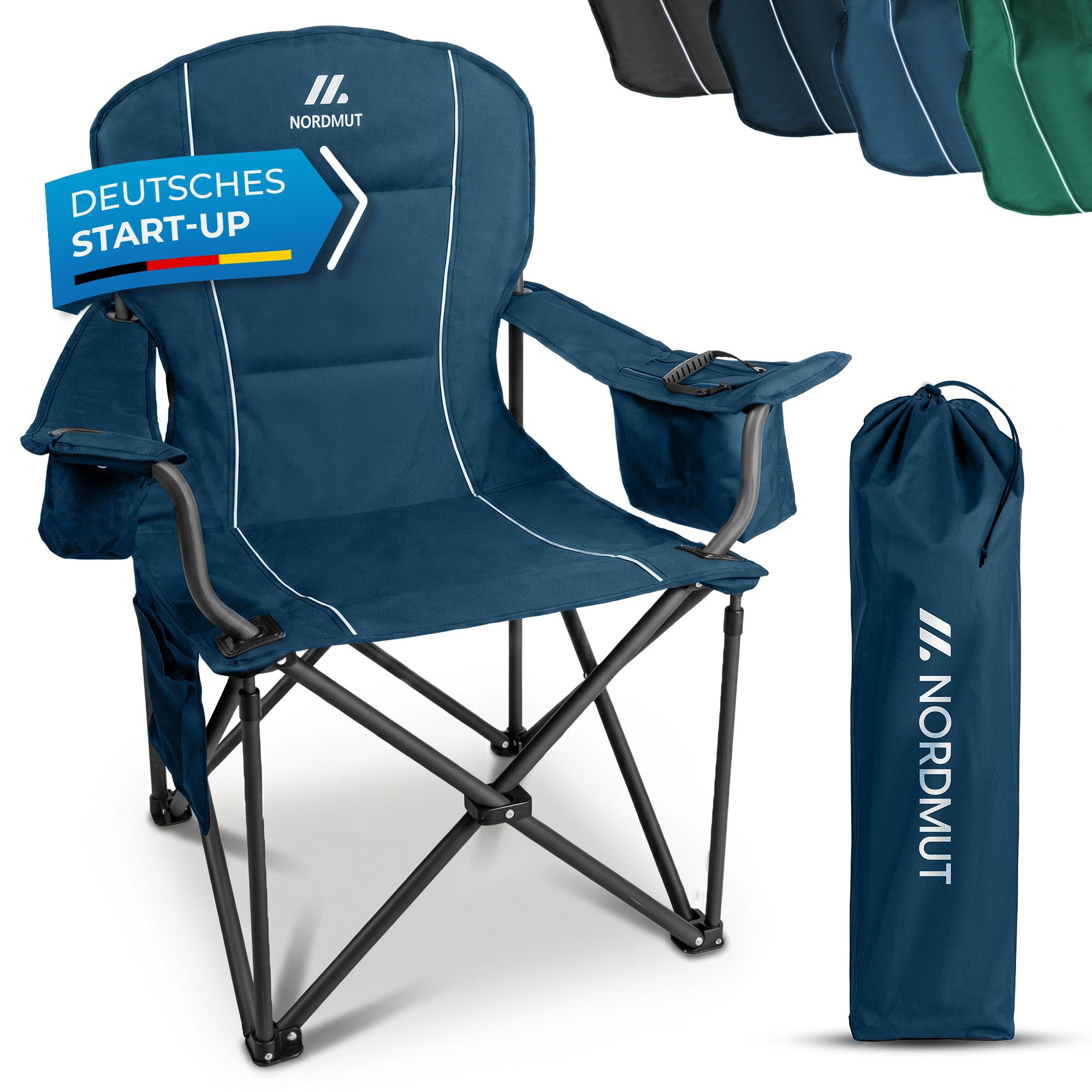 Nordmut Campingstuhl mit Armstütze & Rückenlehne, Campingplatz & Festivals, bequem Sitzen (Spar-Set, 1 St), Kühltasche, Getränkehalter, bis 200 kg, klappbar, große Sitzfläche