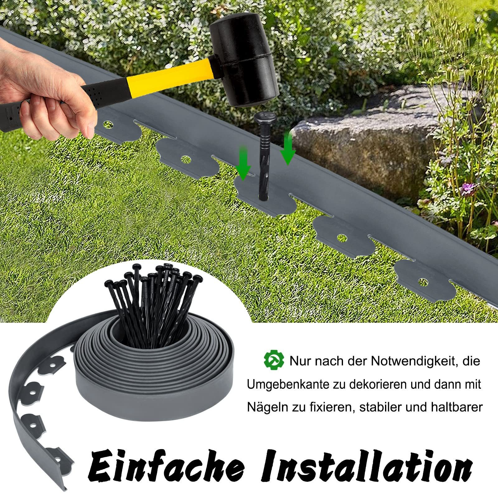 FIVMEN Beetumrandung Rasenkante Kunststoff 20m Flexible mit 60 Befestigungsnägeln, Beeteinfassung, Schwarz/Grau/Grün – Bild 3 von 5