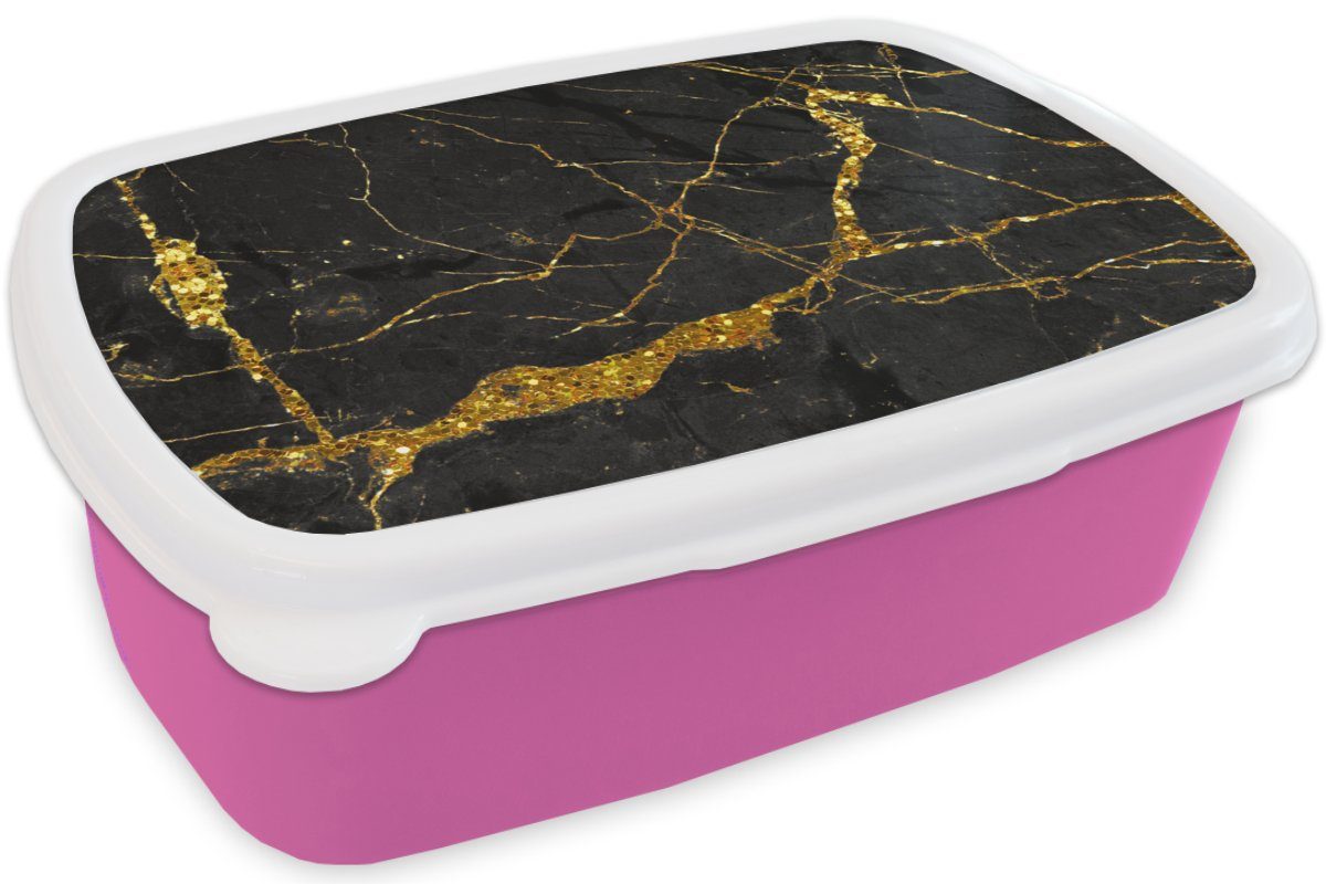 MuchoWow Lunchbox Marmor Erwachsene, Schwarz Kunststoff rosa - Mädchen, Kinder, Brotbox - Glitzer, für Marmoroptik Luxe - Kunststoff, - Gold Brotdose (2-tlg), Snackbox, 