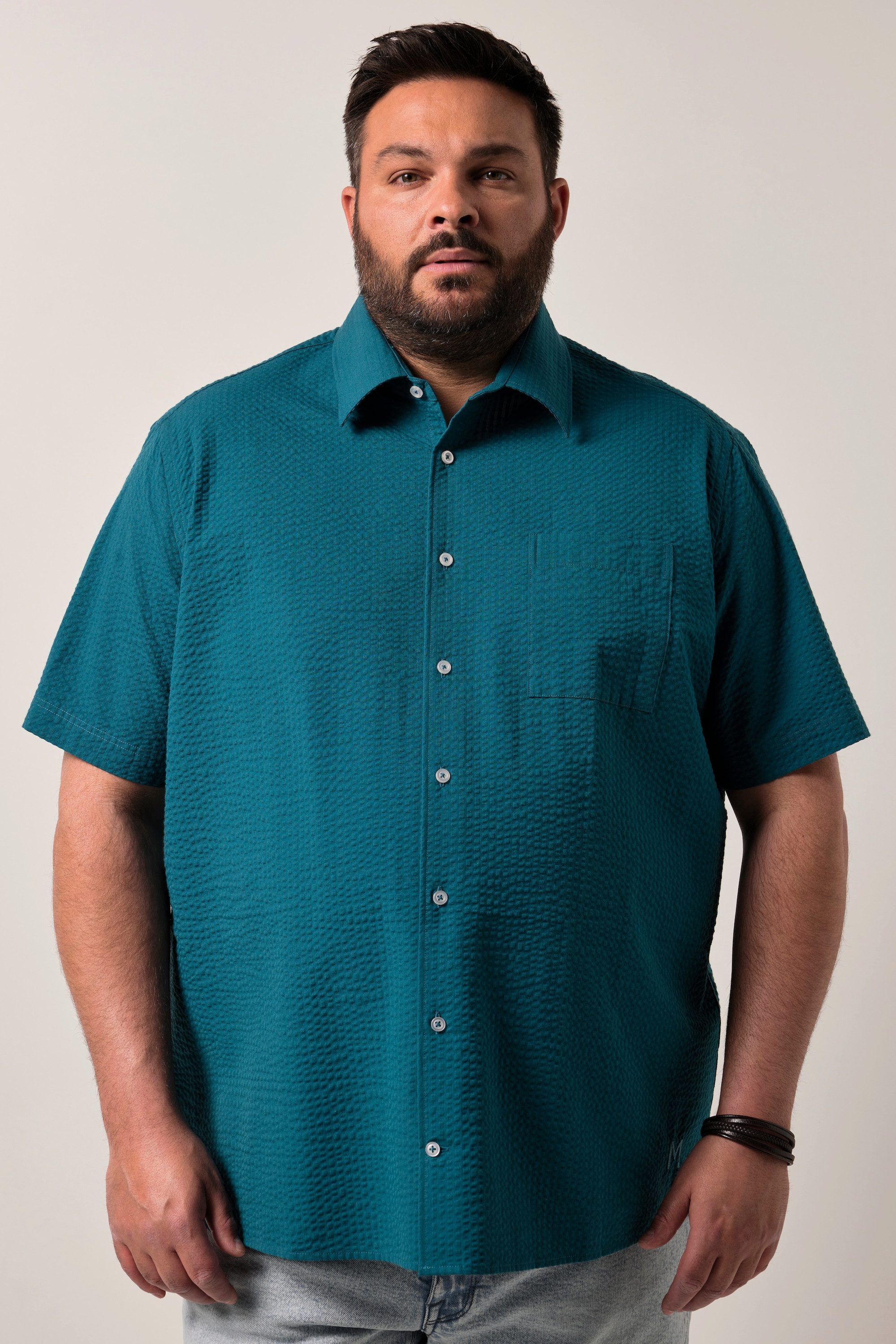Men Plus Kurzarmhemd Seersucker-Hemd Halbarm Kentkragen Boxy Fit