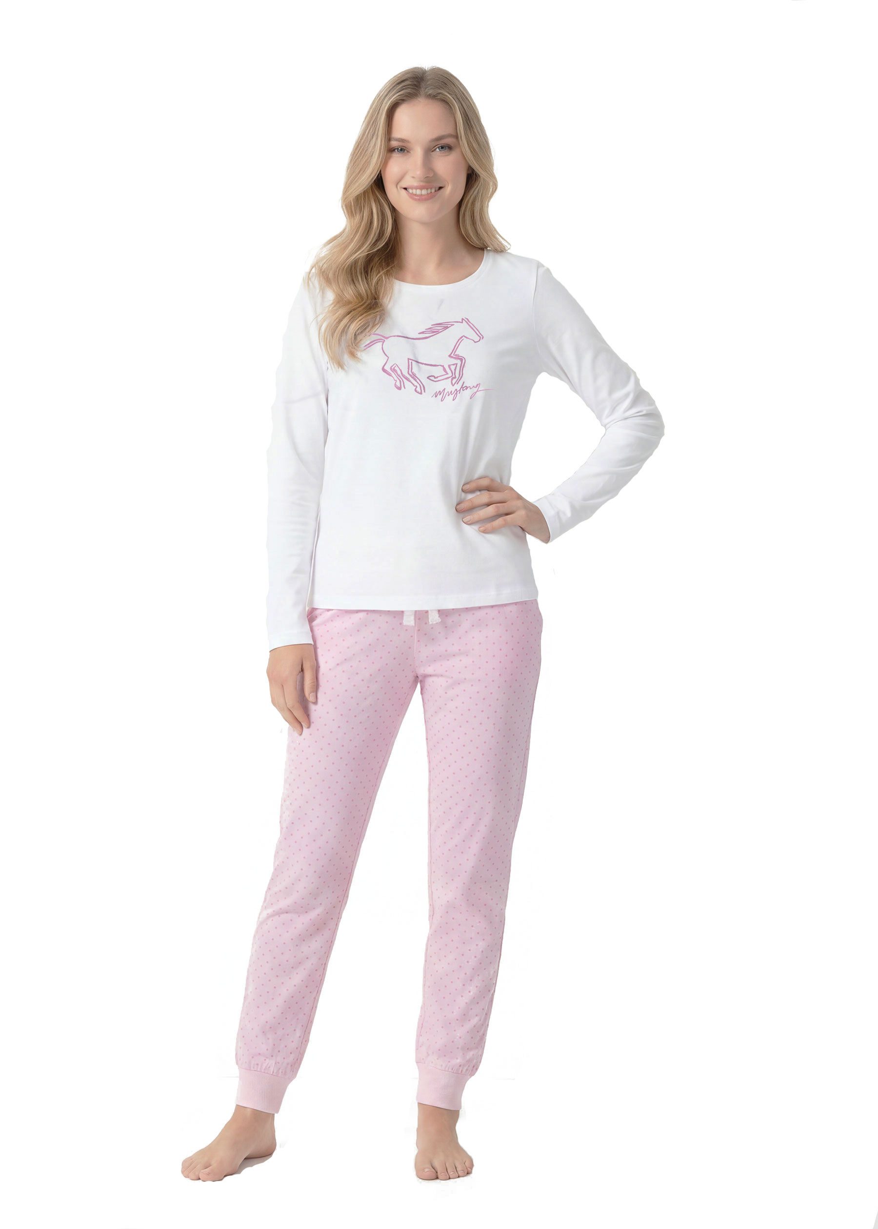 MUSTANG Schlafanzug JIL (2 tlg) Oberteil einfarbig weiß, Hose Allover Print rosa
