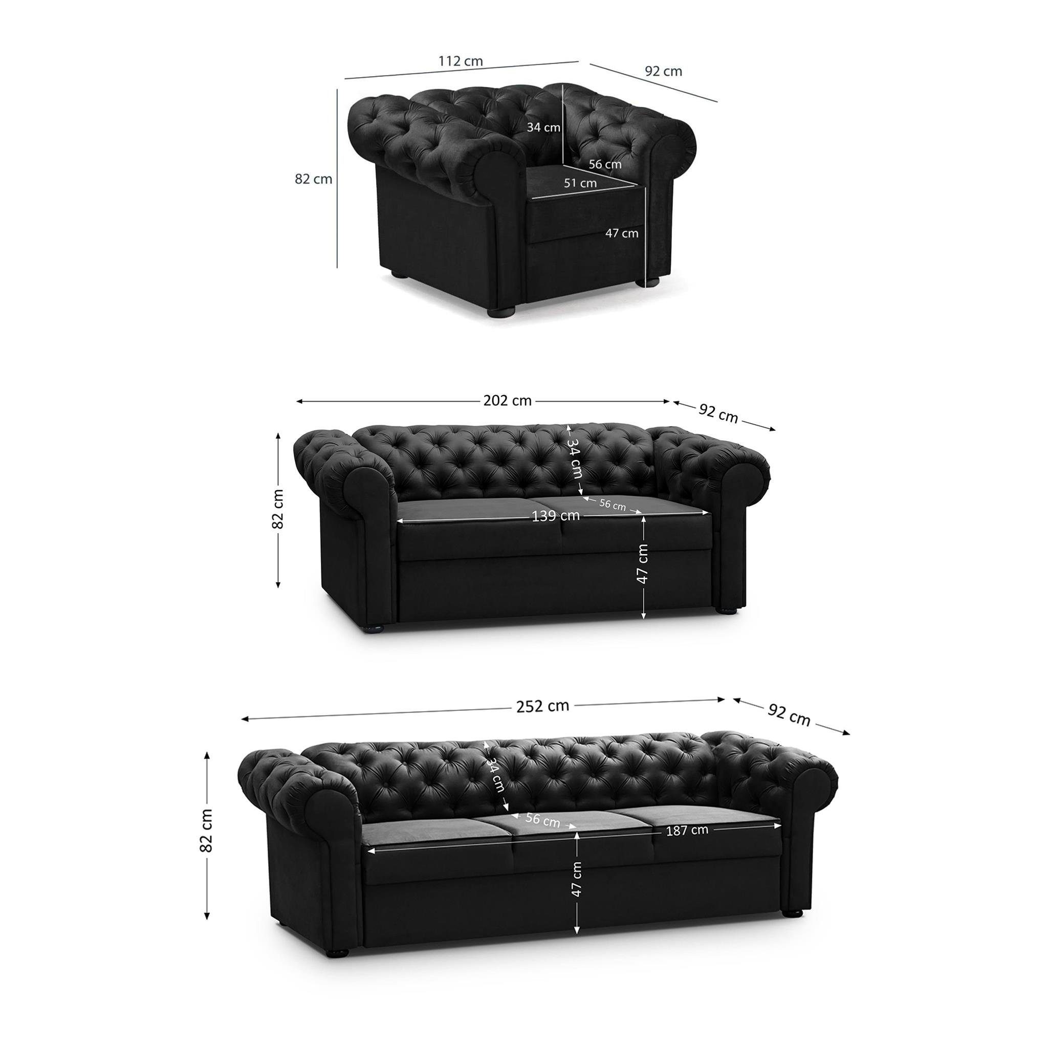 + Couchgarnitur mit Sofa Steppung), (Sessel + Wellenunterfederung Polstergarnitur Chesterfield Schwarz Beautysofa Chester, inkl. Sofa (kronos 07) im 2-Sitzer Stil 3-Sitzer