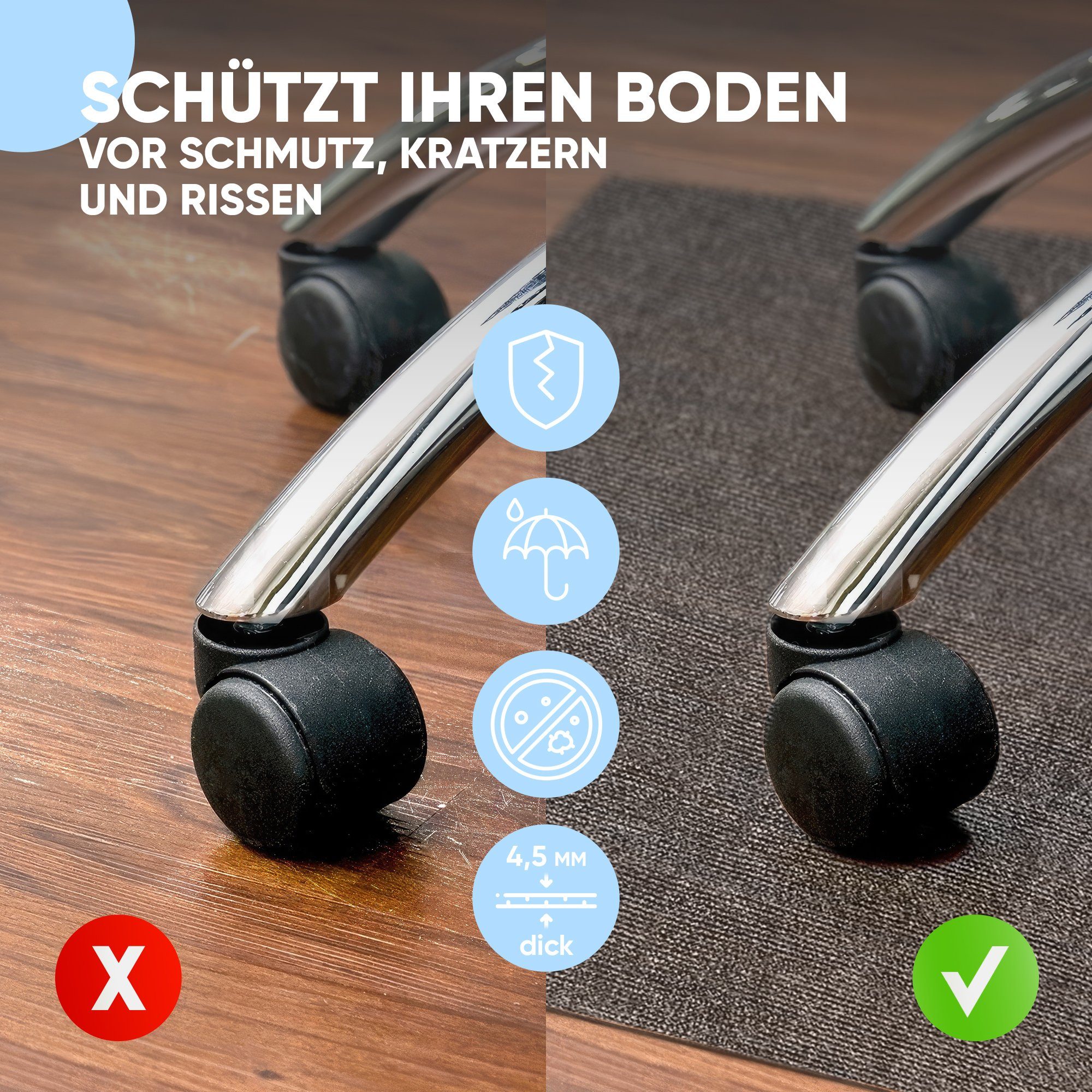 Björn&Schiller Bodenschutzmatte Bodenmatte Kratzschutz, Bürostuhlunterlage, 100x120 cm, Grau, Schreibtischunterlage Stuhlunterlage Stärke: 4,5 mm – Bild 3 von 5