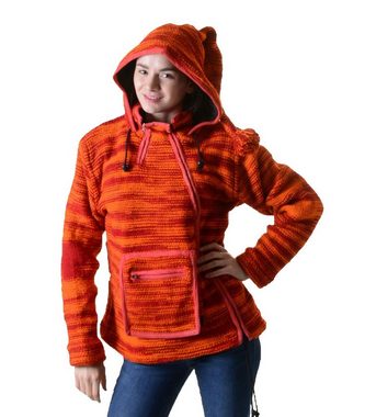 KUNST UND MAGIE Kapuzenstrickjacke Damen Strickjacke Hippie Wolljacke+Fleecefutter&Zipfelkapuze Orange