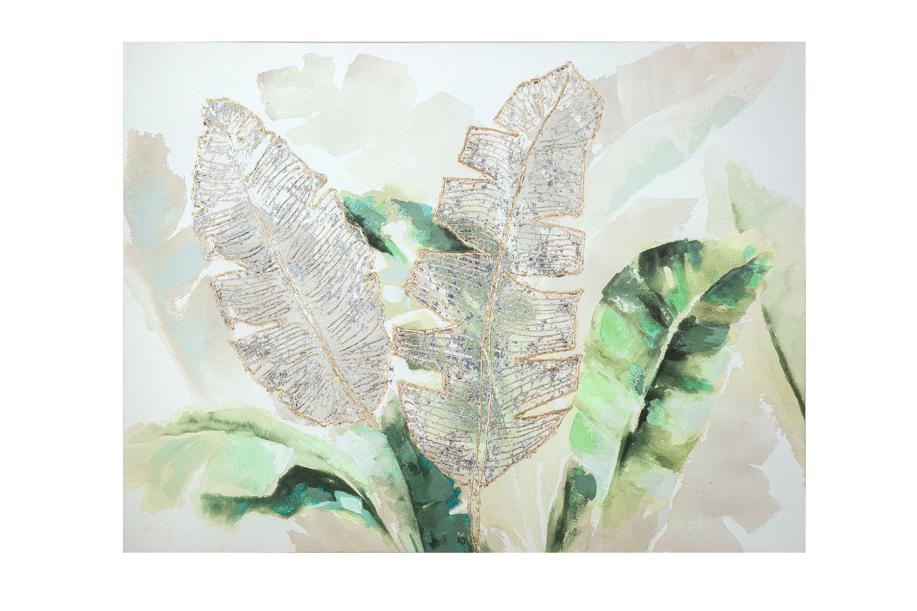 GILDE Bild GILDE Bild Blätterflora - creme-grau-grün - H. 90cm x B. 120cm