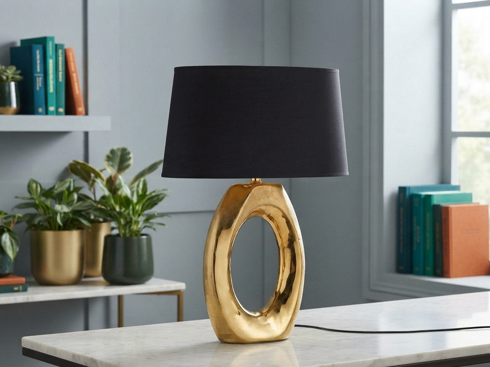 Reality Leuchten LED Tischleuchte mit Keramik Fuß & Stoffschirm, Höhe 52cm, dimmbar, LED wechselbar, Warmweiß, große ausgefallene Nacht-Tischlampe mit E27 LED – Bild 5 von 5