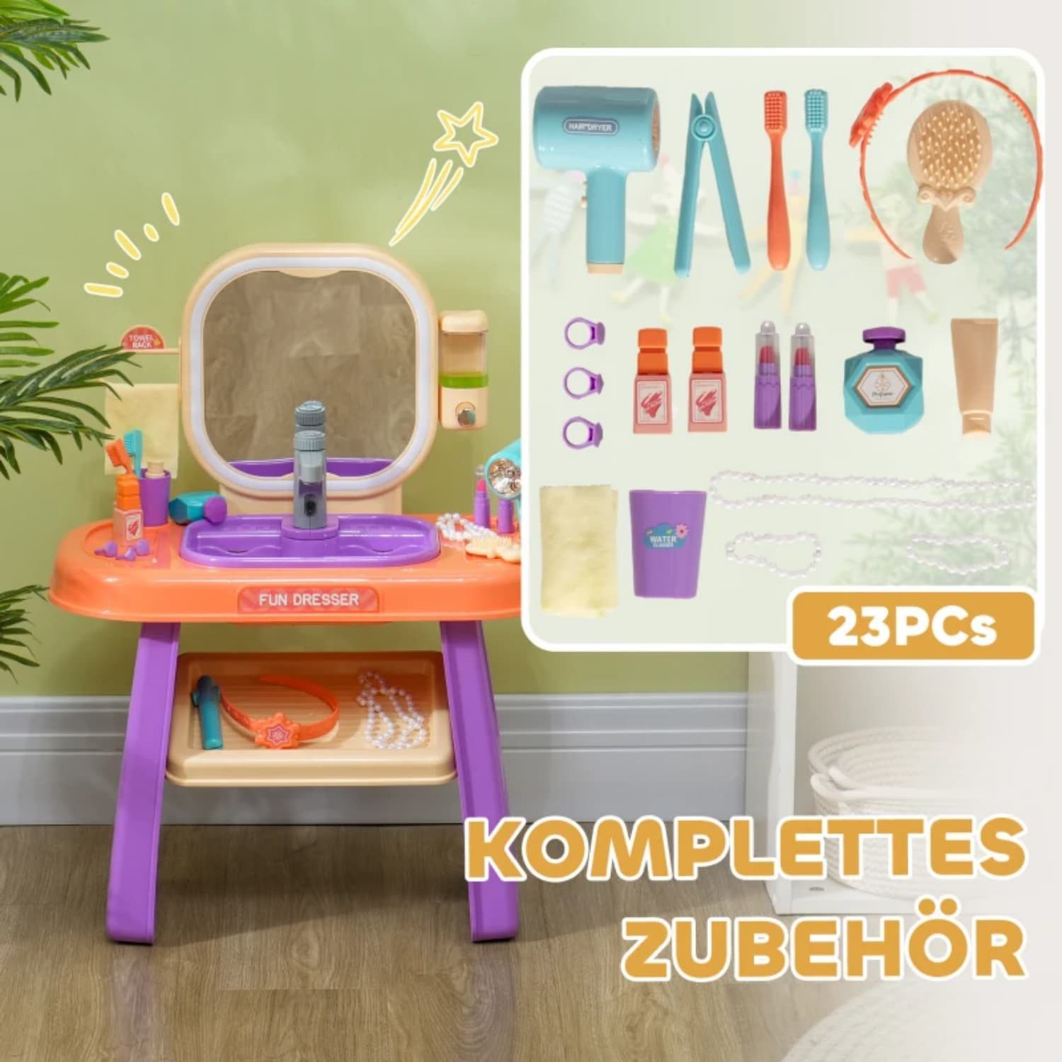 autolock Spielzeug-Frisierkoffer Kinderfrisiertisch mit LED-Spiegel,Musik,Wasserhahn,Acrylspiegel, kinderspielzeug,55x29x71 cm