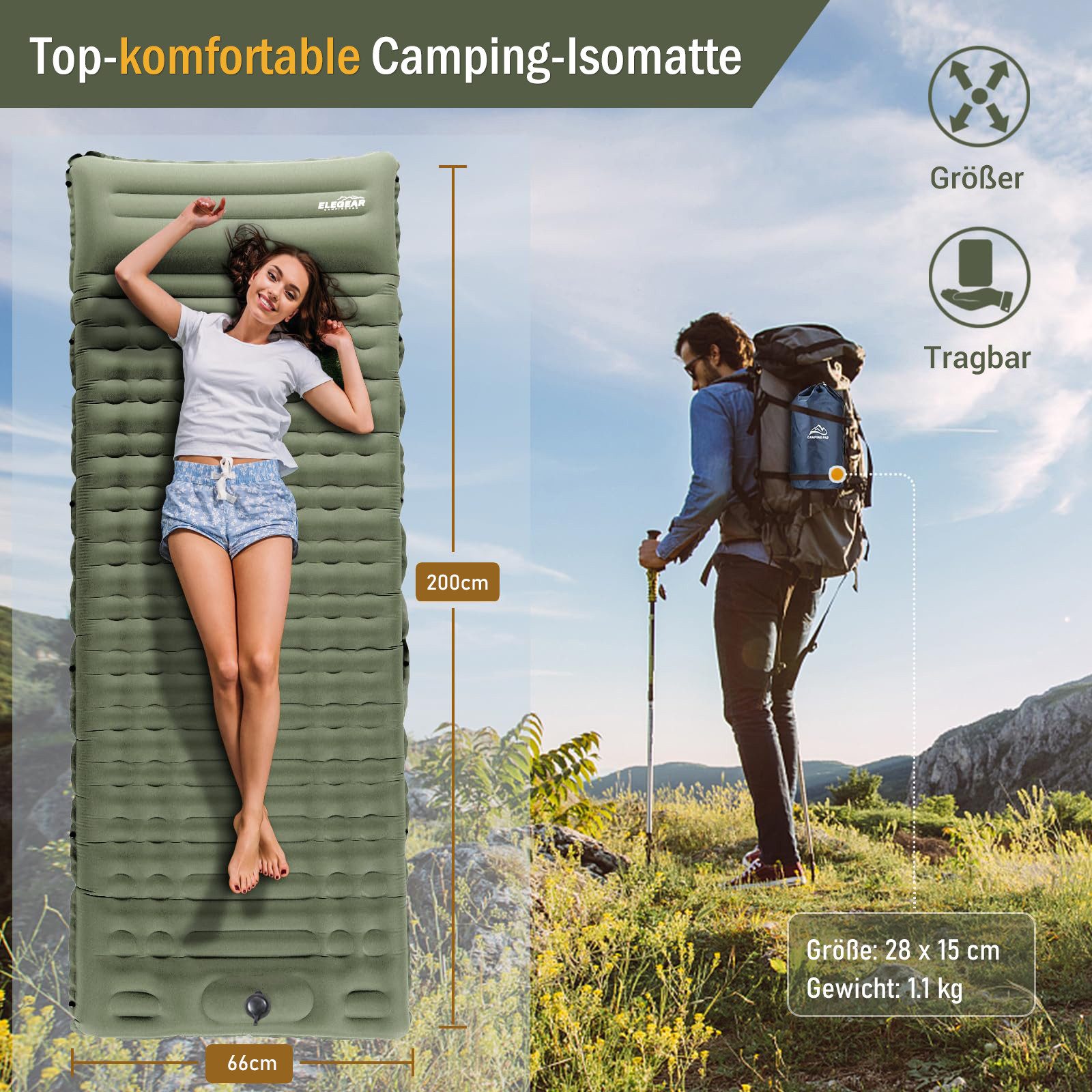Elegear Isomatte 10cm dicke Campingmatte, 200×65/140CM Aufblasbar Superleic günstig online kaufen