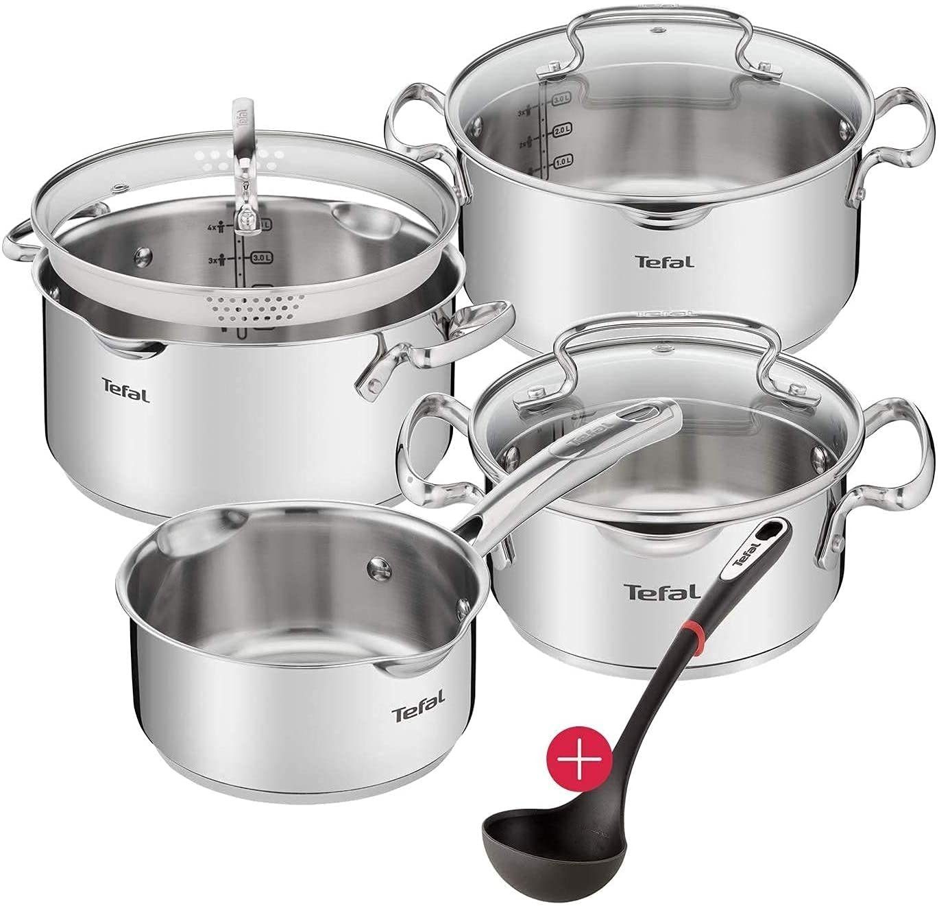 Tefal Topf-Set Duetto/G719S7, Edelstahl (8-tlg., 3 Кастрюли, 3 Deckel, 1 Kasserolle, 1 Suppenkalle), Induktion Topf-Set mit Glasdeckel mit Siebfunktion mit Ingenio Suppenkelle, Hochwertig poliertes Edelstahl, Кастрюли mit Siebdeckel, Induktionstöpfe, Stielkasserolle Spülmaschinenfesmit