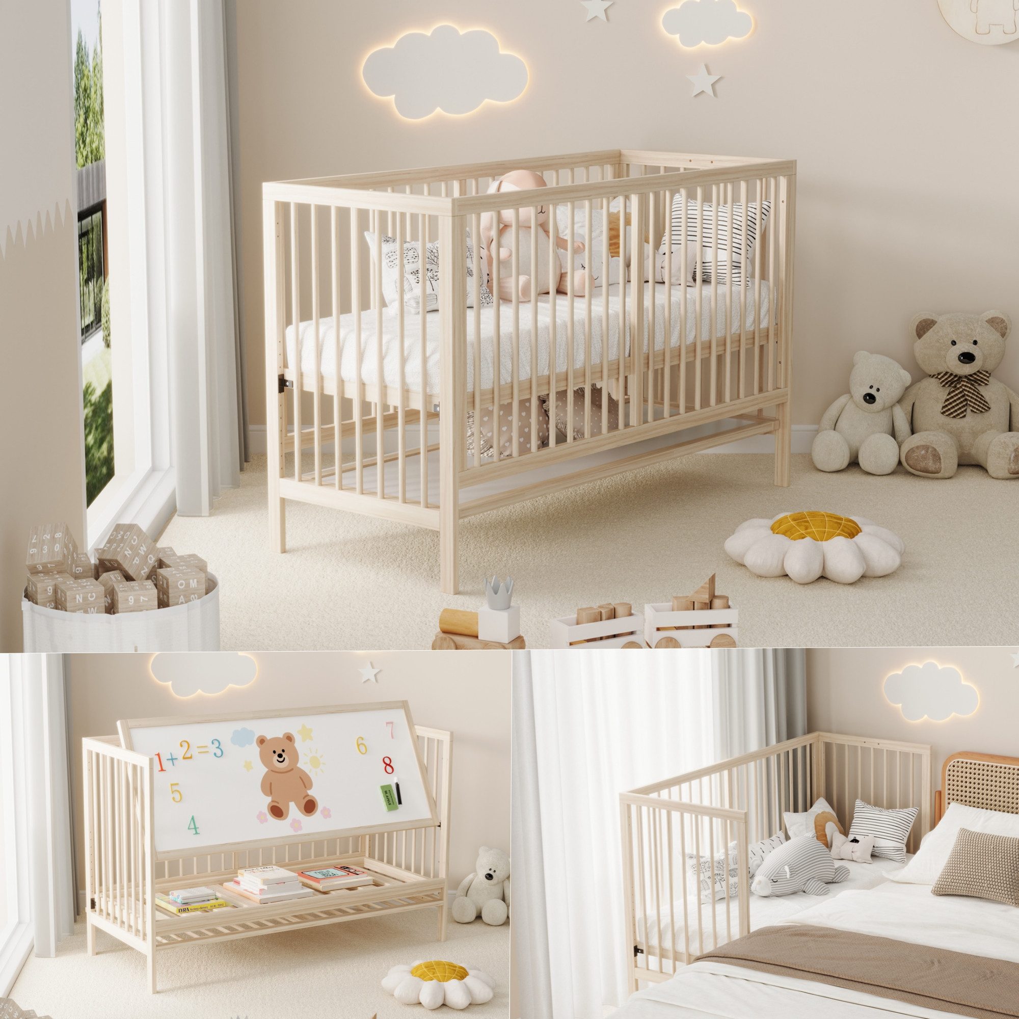 Merax Babybett Kinderbett 60x120cm, Höhenverstellbar Gitterbett, 1-tlg., Sicherheitsbarriere, Malerbrettständer, Umwandelbar in Nebenbett