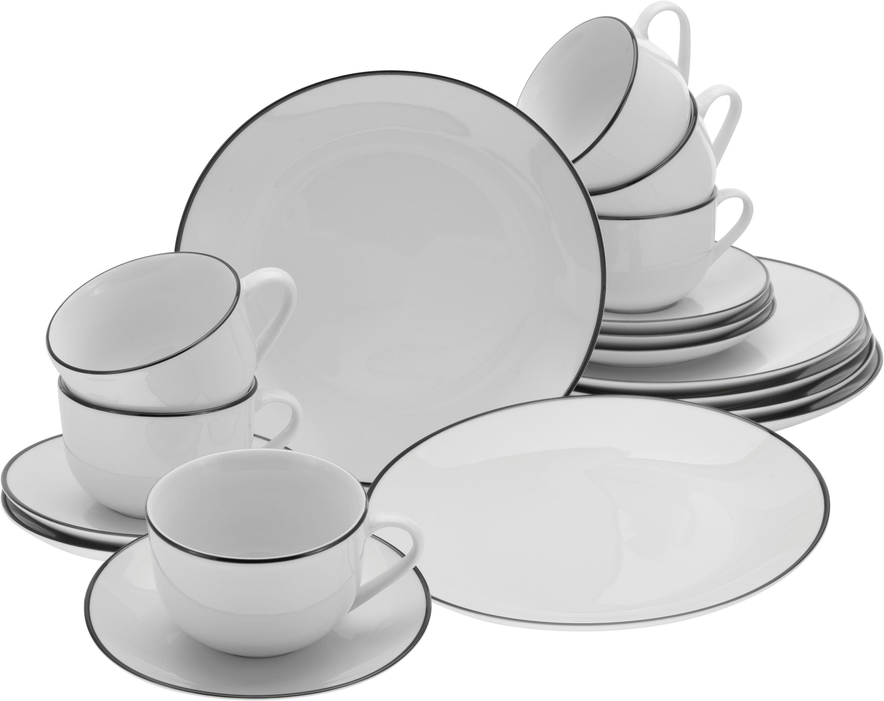 CreaTable Kaffeeservice Luna Black Line (18-tlg), 6 Personen, Porzellan, handgemaltes Liniendekor