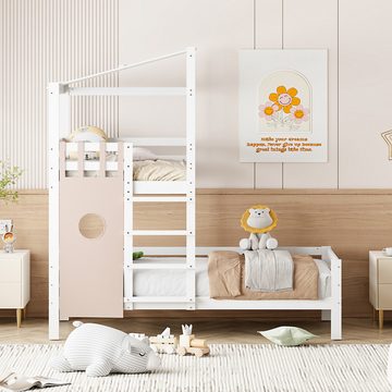 FUROKOY Etagenbett Kinderbett 90x200cm mit Dach,Hochbetten mit Rausfallschutz&Lattenrost, Hausbett für Mädchen und Jungen aus massivem Kiefernholz, Weiß