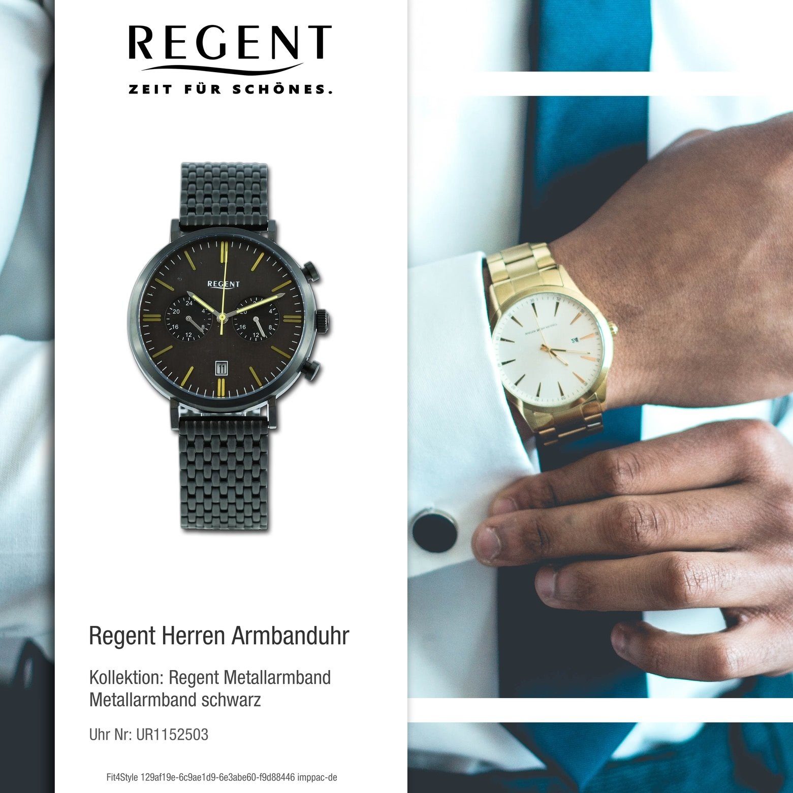 rund, Armbanduhr groß Quarzuhr Regent Armbanduhr Analog, extra Metallarmband Herren Regent 41mm), (ca. Herren