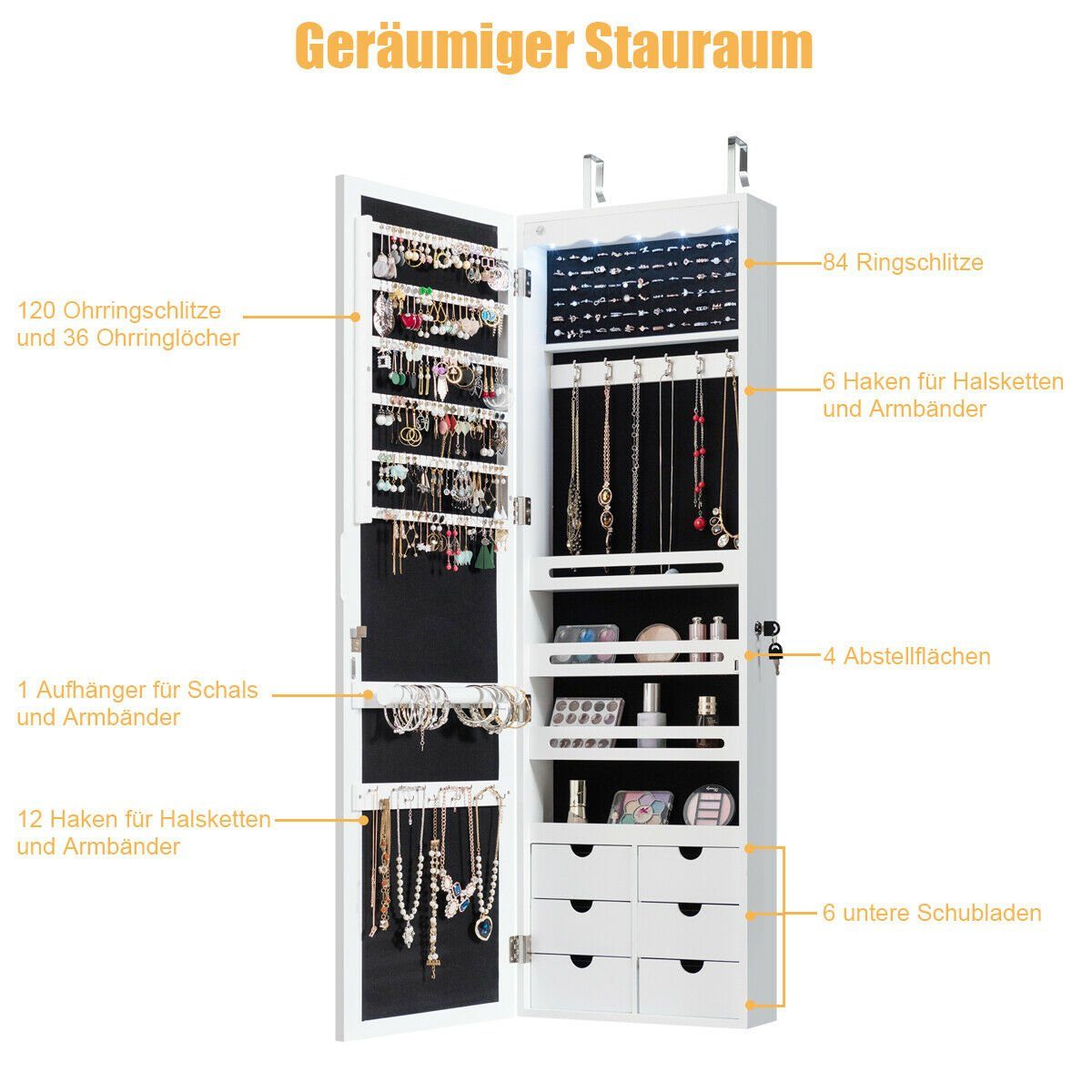 COSTWAY Schmuckschrank mit LED & Ganzkörperspiegel, für Tür und Wand mit LED & Ganzkörperspiegel, für Tür und Wand – Bild 5 von 5