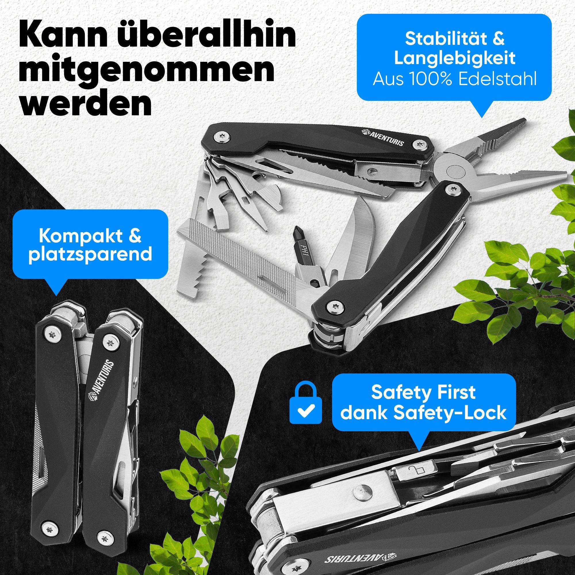 AVENTURIS Multitool T21 aus Edelstahl mit 21 Funktionen! Perfekt fürs Wandern und Campen, Edelstahl