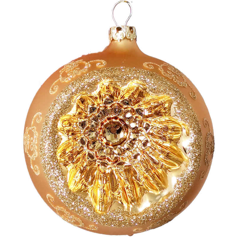 Thüringer Glasdesign Weihnachtsbaumkugel Reflexkugel, Renaissanceband, gold seidenmatt (1 St), mundgeblasen, handbemalt