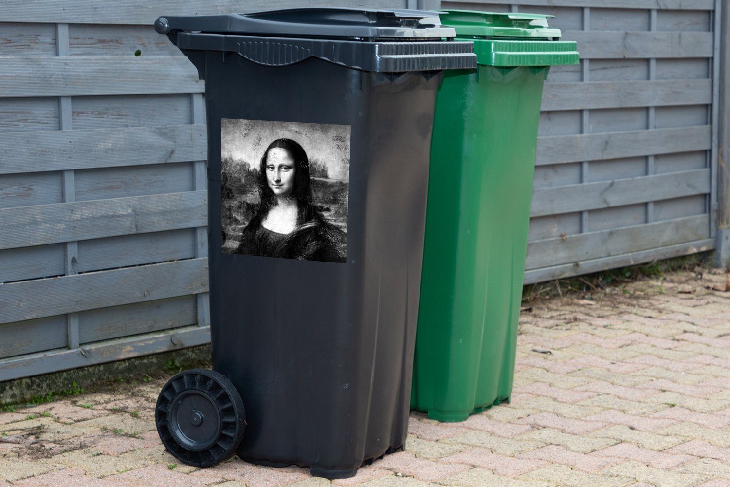 Mülltonne, St), (1 da Abfalbehälter - MuchoWow Sticker, - Wandsticker Schwarz - Container, Weiß Leonardo Mülleimer-aufkleber, Lisa Mona Vinci